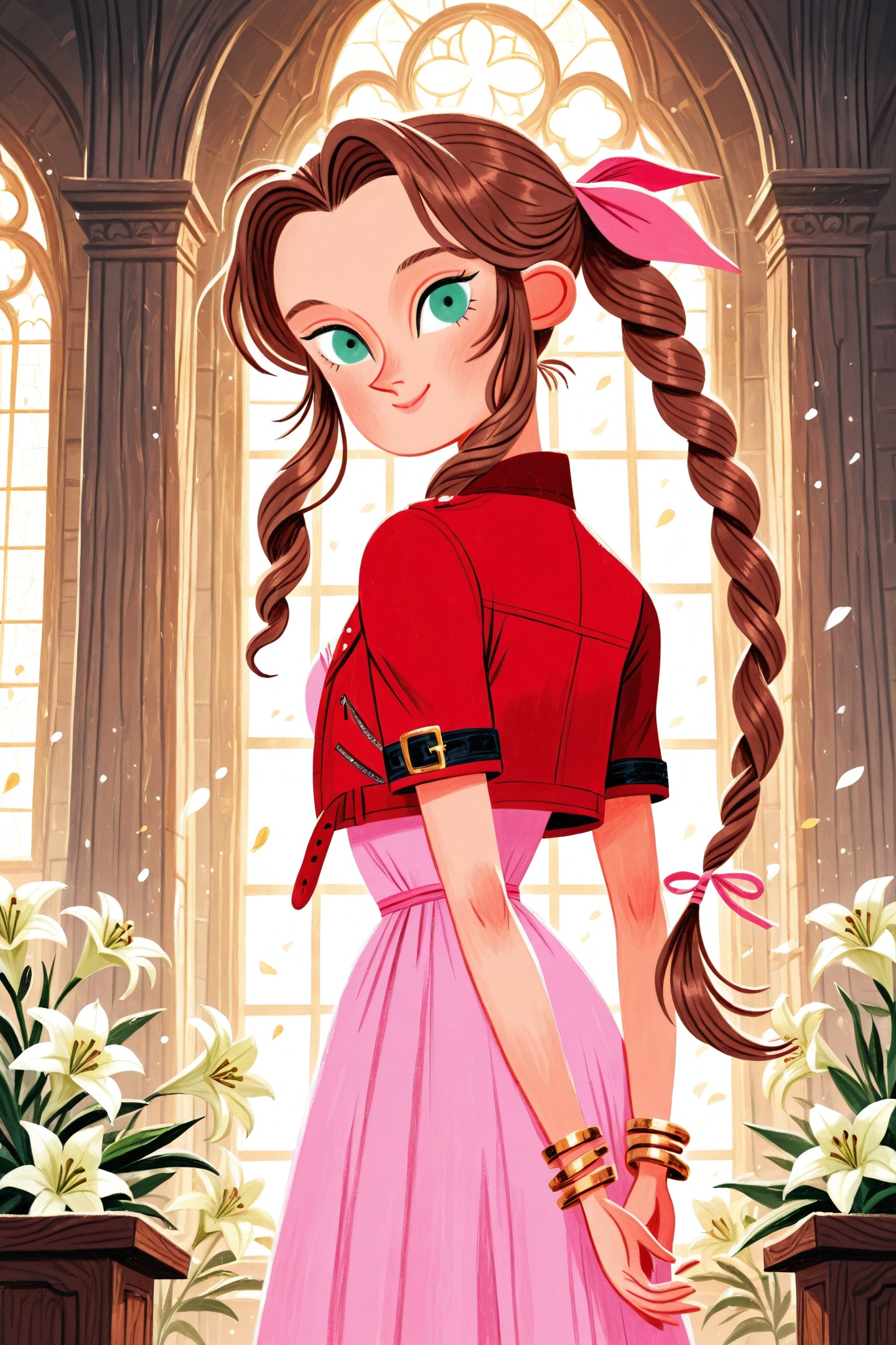 David Sierra Liston Style,1girl,aerith gainsborough,solo,cropped jacket,green eyes,red jacket,flower,brown hair,long hair,smile,pink dress,jacket,looking at viewer,dress,lily \(flower\),braid,ribbon,short sleeves,jewelry,sidelocks,hair ribbon,bracelet,braided ponytail,parted bangs,indoors,petals,long dress,church,pink ribbon,drill hair,arms behind back,bangle,closed mouth,upper body,<lora:David Sierra Liston_illustriousXL:1>,