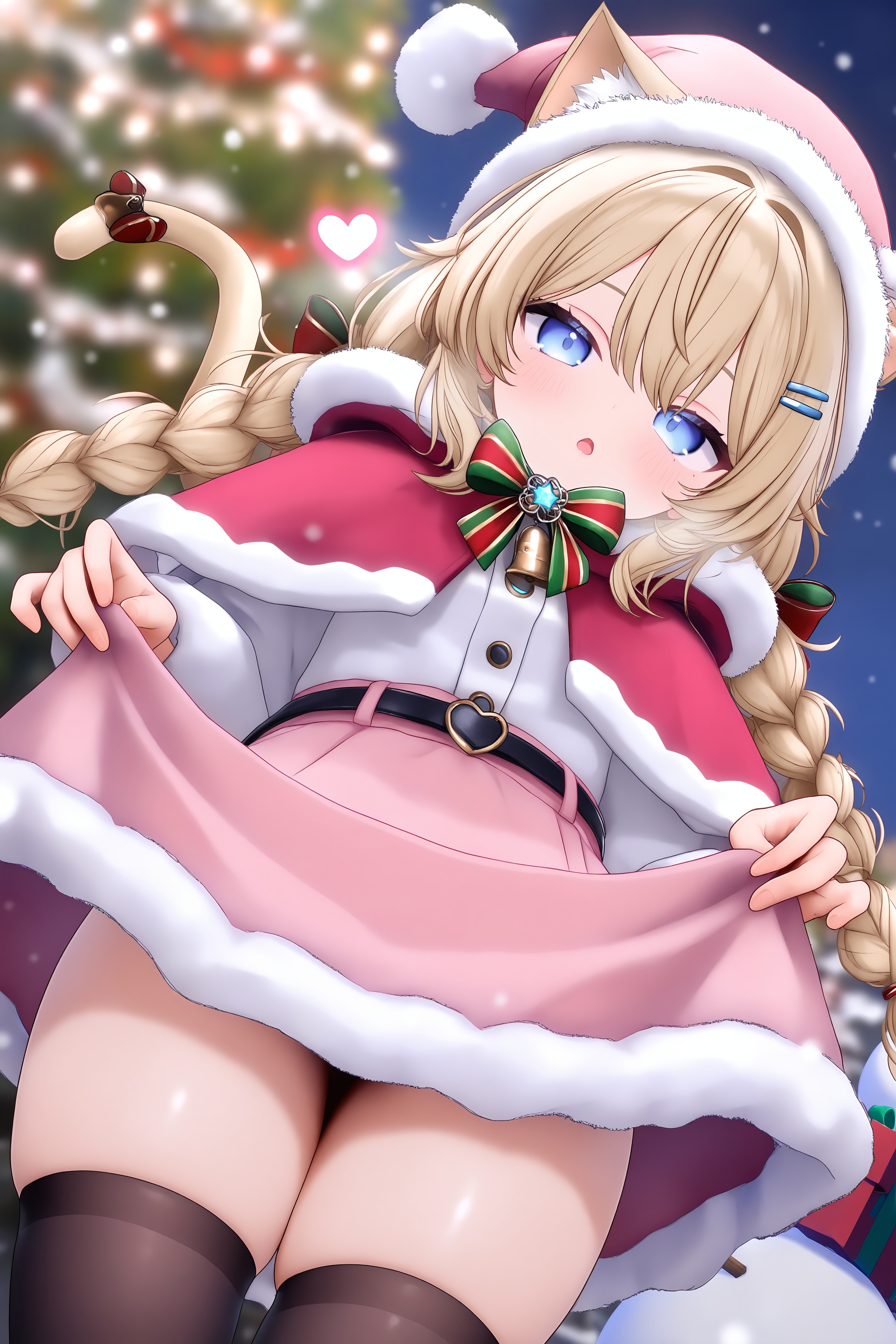 <lora:vrc_style_v3-000080:0.8>,vrc_vibe,high resolution,aesthetic,excellent,medium resolution,newest,1girl,loli,petite,solo,blonde hair,blue eyes,long hair,twin braids,animal ears,cat ears,cat tail,tail,blush,open mouth,santa costume,santa hat,pink headwear,capelet,fur trim,white shirt,skirt,pink skirt,holding skirt,skirt lift,thighhighs,black thighhighs,zettai ryouiki,boots,bow,ribbon,hair ornament,hair clip,bell,gift,gift box,heart box,snow,winter,christmas,christmas tree,snowman,outdoors,blurry background,depth of field,from below,low angle,cowboy shot,dutch angle,looking at viewer,