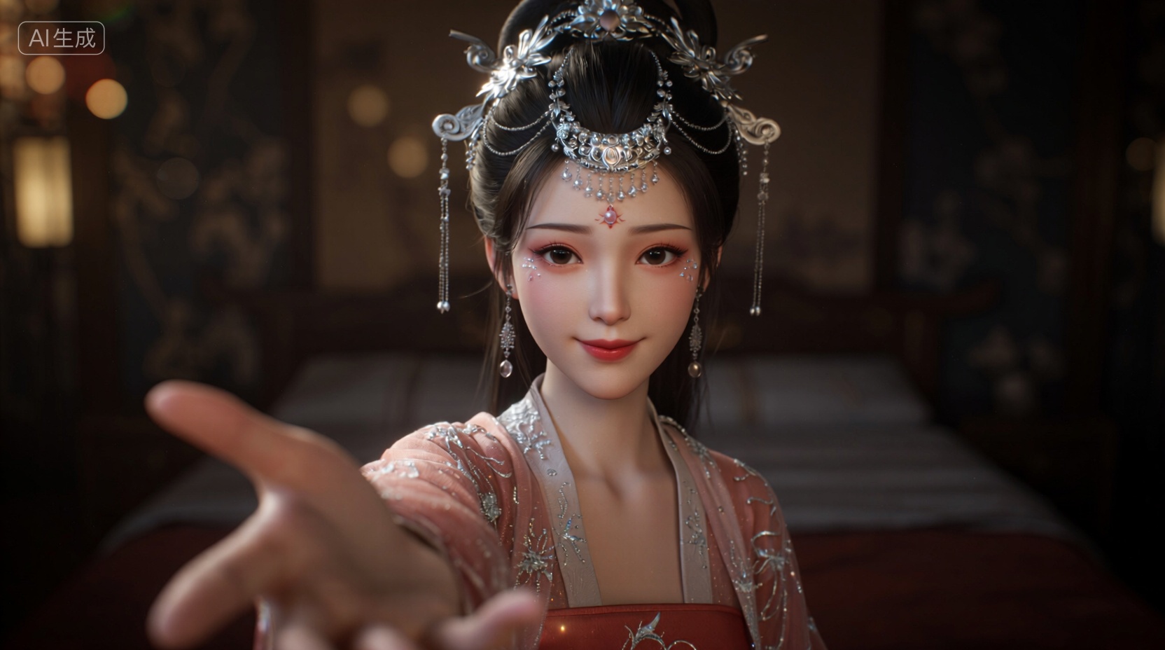 3D角色设计,第一人称视角,一个中国古风少女的半身特写,她正对着镜头伸出手邀请,模糊的前景的手,她有着精致的东方面孔和温柔的微笑,复杂的盘发上装饰着华丽的银质珠宝头饰,眼角下贴着闪亮的珠光装饰,角色身穿一件浅红色纱衣,衣服上布满了闪亮的银色刺绣,在古代室内,少女的背后是模糊的床,她向前伸出手,浅景深效果使背景呈现出美丽的圆形光斑,PBR写实渲染,亚洲少女,古风角色,浅景深,高精度雕刻模型,电影感调色,4K高清纹理,胸像特写,皮肤次表面散射,Unreal Engine 5,, Negative prompt: ng_deepnegative_v1_75t,(badhandv4:1.2),EasyNegative,(worst quality:2),,nsfw, Steps: 40, Sampler: Euler, CFG scale: 1.0, Seed: 2414165316, Size: 1664x928, Model hash: 98763a1277, Model: Qwen-Image_1.0.safetensors, Denoising strength: 0, RNG: CPU, Lora 1: 【摸鱼】3D, Lora Hash 1: 2106c5bf96, Lora Weight 1: 0.8, Lora 2: 【摸鱼】创意电商场景_电商产品场景, Lora Hash 2: 8df046f041, Lora Weight 2: 0.4, Lora 3: Qwen-Image-Lightning-8steps-V1.1-bf16.safetensors, Lora Hash 3: fe04c3ec1d, Lora Weight 3: 0.6, vae_name: automatic