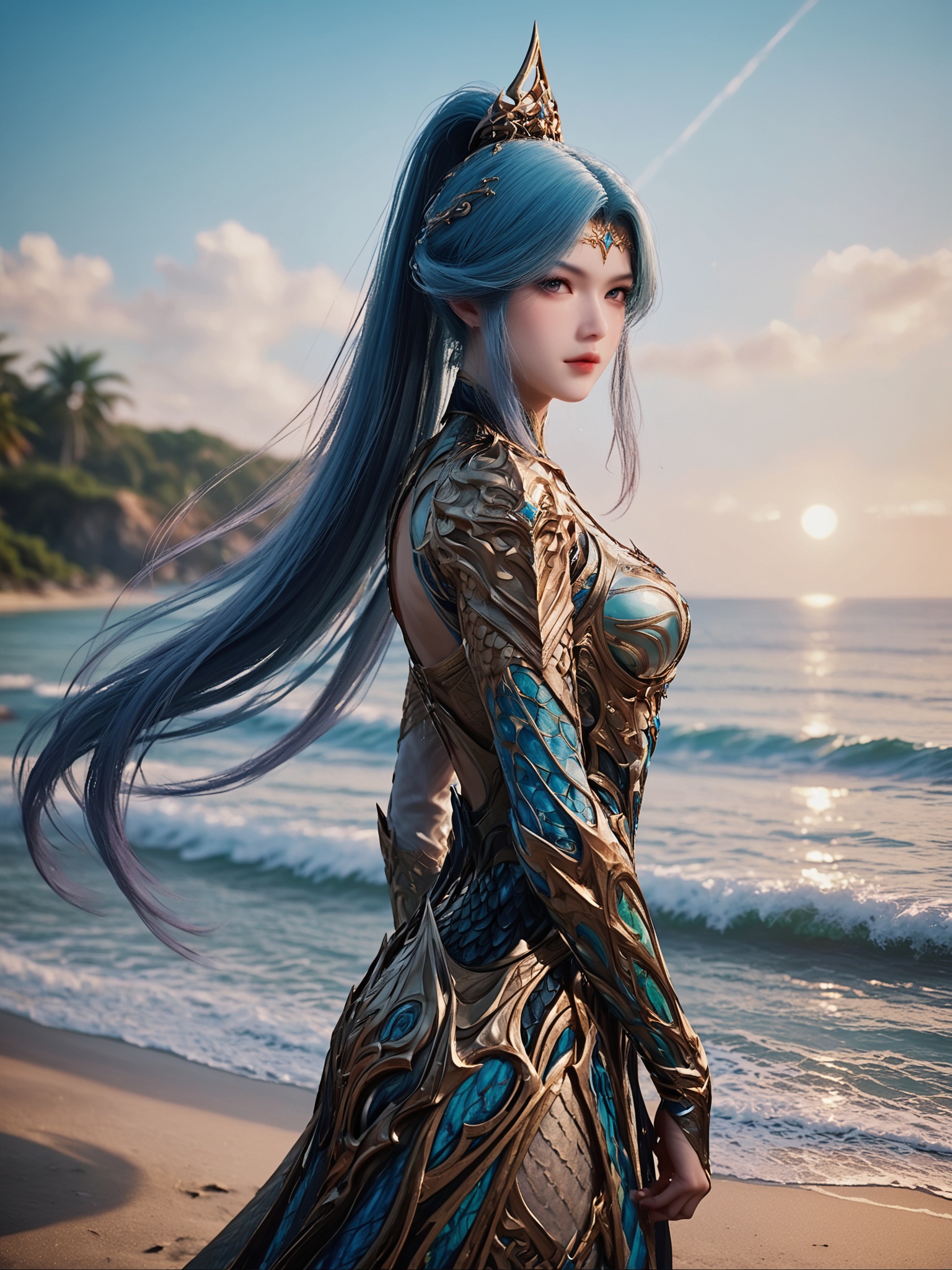 realistic style photo outstanding style,tall,cute,in her teens. Use soft lighting to cast gentle shadows on the subject,adding a touch of dimension to your images without compromising details,score_9,score_8_up,score_7_up,Seaside,beach,waves,<lora:斗罗大陆2-王秋儿孔雀舞Pony:0.7>,long,flowing blue hair,styled into a high ponytail adorned with a golden crown.Her attire is an ornate,metallic armor that reflects light,featuring intricate designs with a mix of gold and blue tones.,