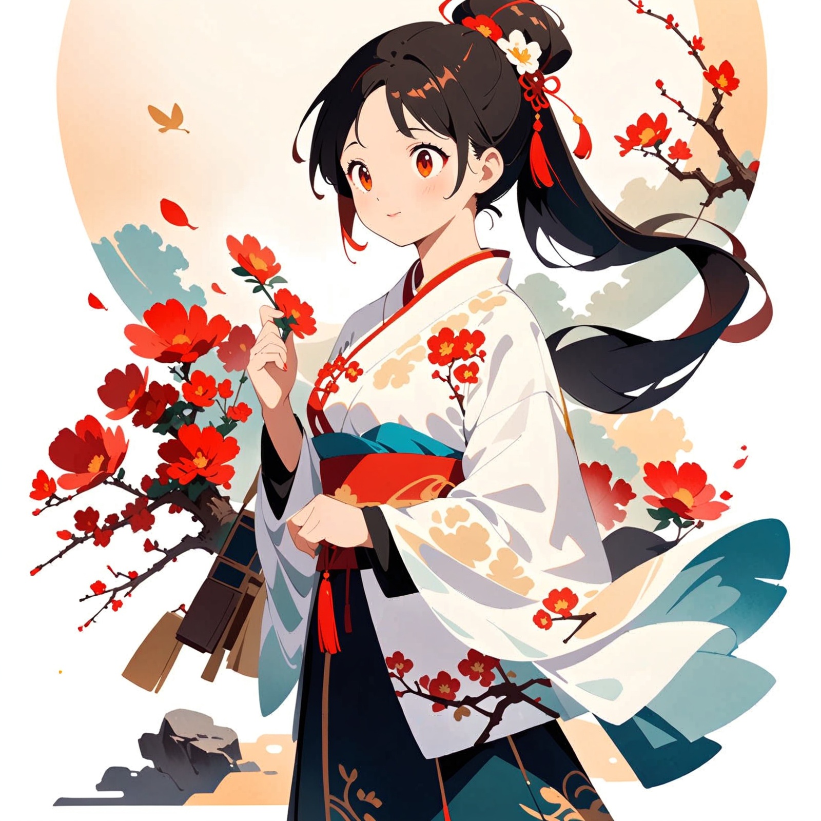 Illustration style,award-winning art,traditional Chinese painting style,ink painting style,smooth brushstrokes,rich layers,Chinese classical girl painting,perfect integration of modern art and traditional Chinese painting,front,whole body view,1 Chinese girl,beautiful face,oriental classical beauty,long hair,silk texture clothing,wearing crystal carving burrs,perfect female figure,elegant oriental woman,translucent masterpiece rendered by octane,scattered watercolor painting,masterpiece scale,falling petals,beautiful depth of field,super detailed CG perspective,super dynamic light and shadow,