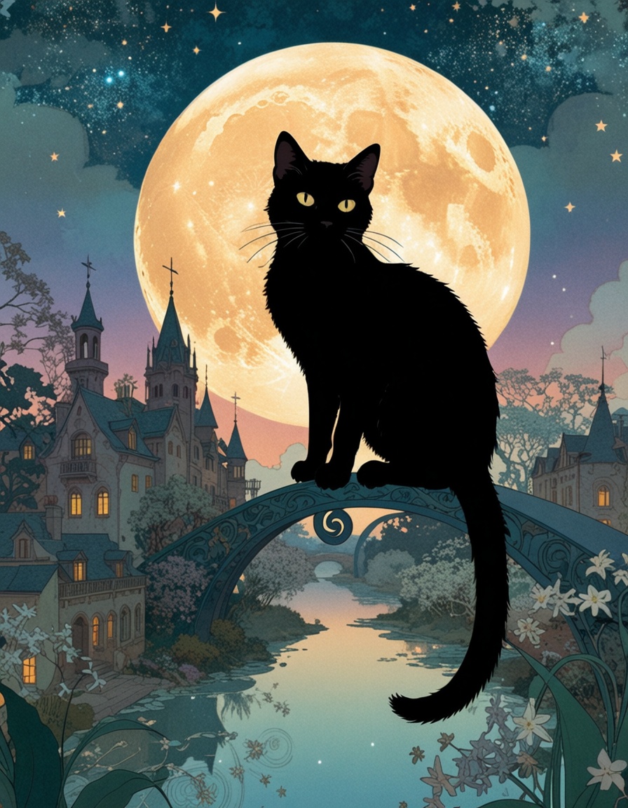 one black cat,  in Alphonse Mucha poster style|masterpiece|Black American domestic cat|against a composition |art nouveau,...