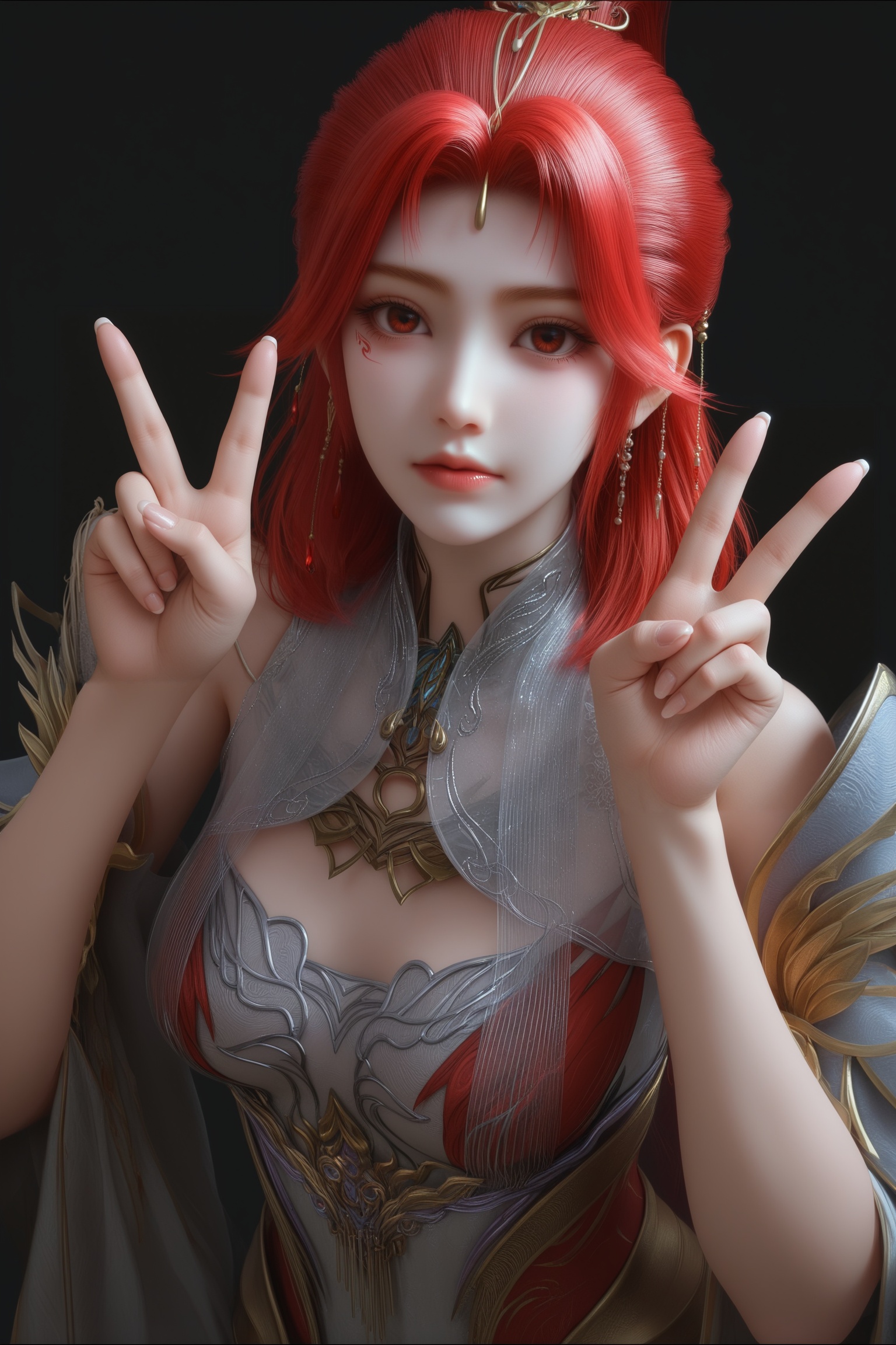 masterpiece,best quality,absurdres,highres,1girl,solo,<lora:火允儿-ill:0.85>,huoyuner,red hair,long hair,high ponytail,makeup,upper body,BREAKcollarbone,sheer overlay,bare shoulders,sheer collar,high collar,jewelry,hair ornament,dangling earrings,red gemstone,forehead decoration,detached sleeves,fantasy dress,looking at viewer,front view,(double v), BREAK(white_skin:1.1),(fair_skin:1.1),realistic,simple background,black background,