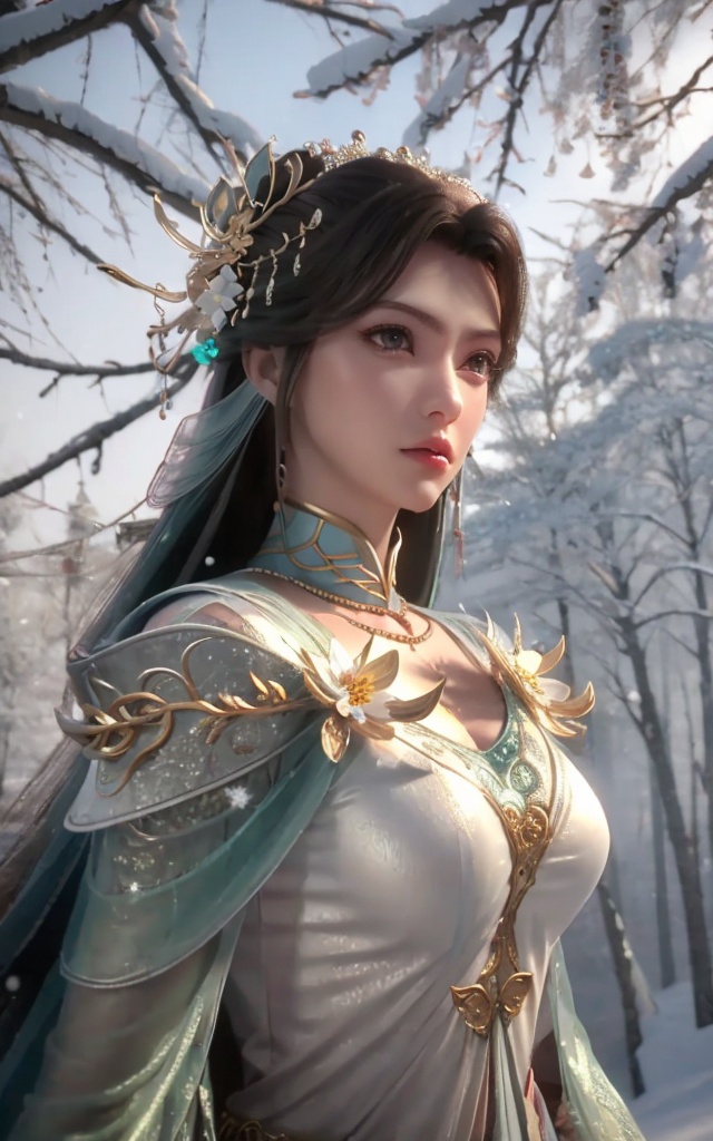 real,photo realistic,highly detailed,(masterpiece),(high quality),best quality,super detailed,full detail,4k,8k,xiyouqin,1girl,solo,upper_body,Above the waist,Look into the camera,flower sea,front view,(white skin),Dreamy forest,medium_shot,((detailed beautiful snow forest with trees)), ((snowflakes)), floating,
