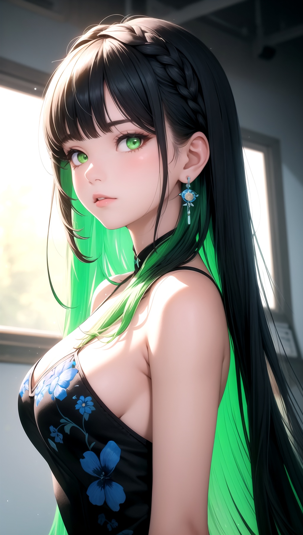 A beautiful girl with off-white long hair,  white luminous eyes,  green luminous earrings on Tensor.Art
