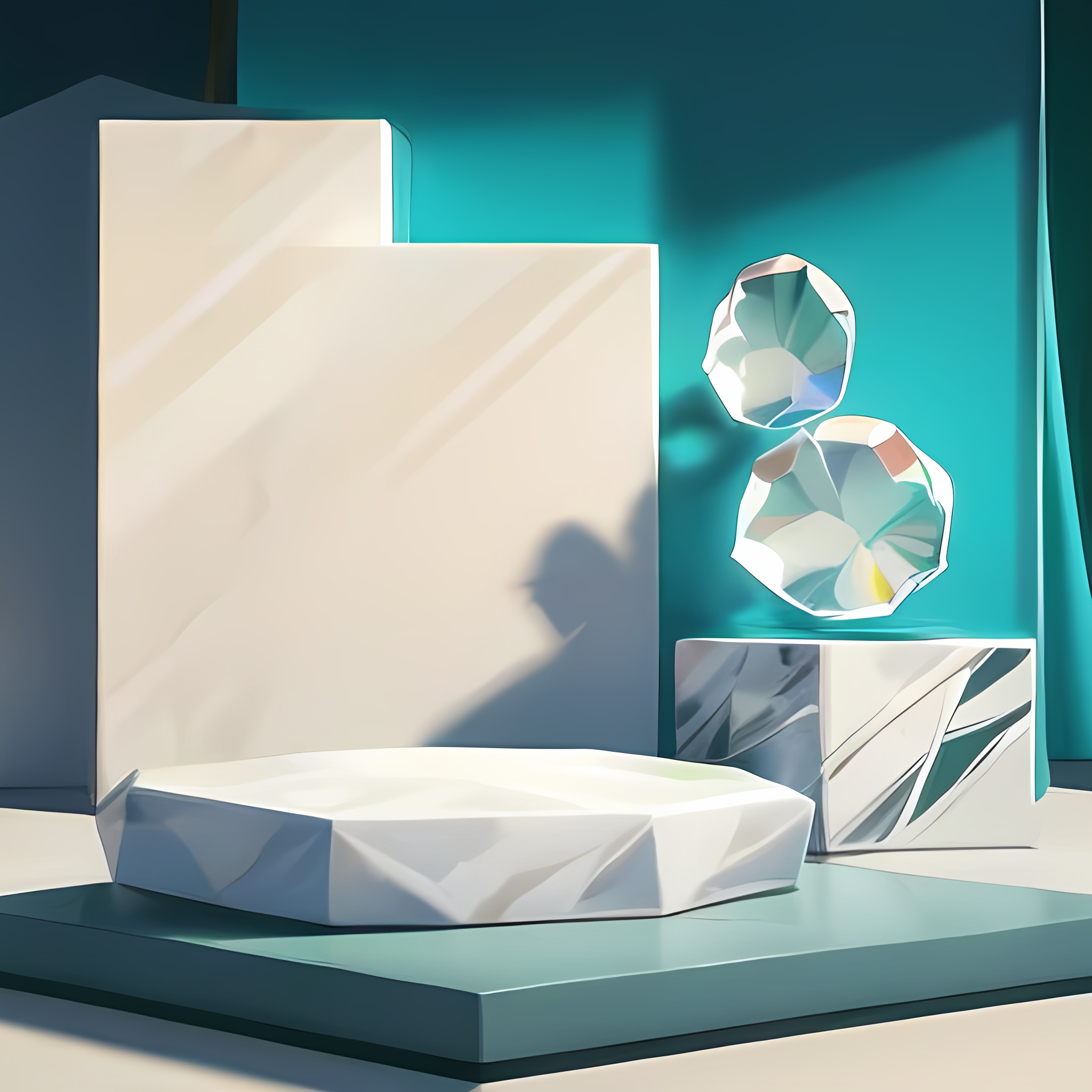 jihe,zhantai,zuhe,Indoor, close-up, no humans, morandi color scheme, green background, background wall, styling design, large hollows, stones, leaves, silk, laidpotted plants, shadows, contrasting light and dark, simple, clean,high-end, luxurious,Ivory and Crystal,ue5,ocrendering,c4d,blender,<lora:zhantai-003-000022:1>