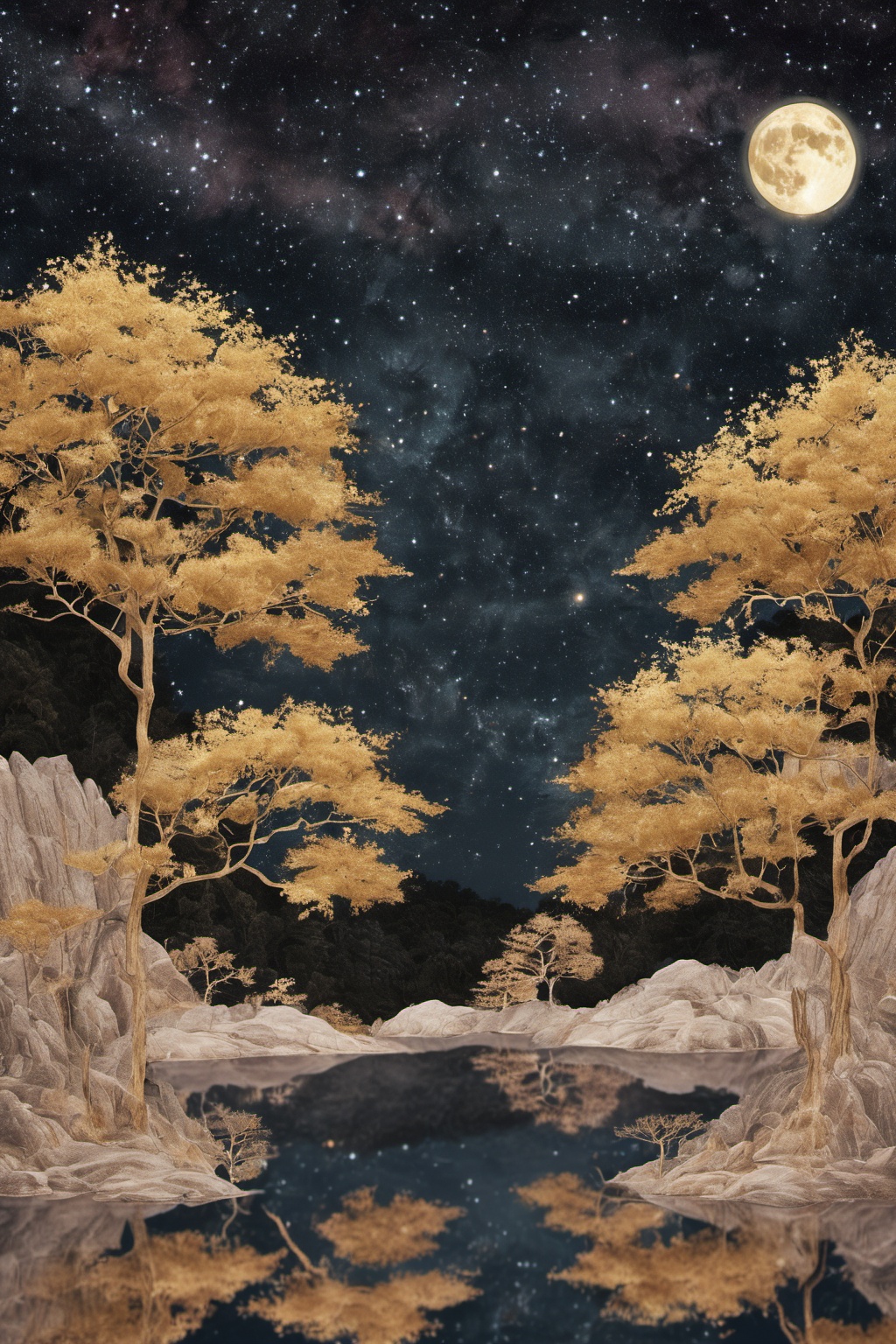 hhongj,moon,no humans,tree,sky,scenery,reflection,night,star \(sky\),outdoors,night sky,water,starry sky,nature,lake,cloud,forest,<lora:heijin-000008:0.8>,