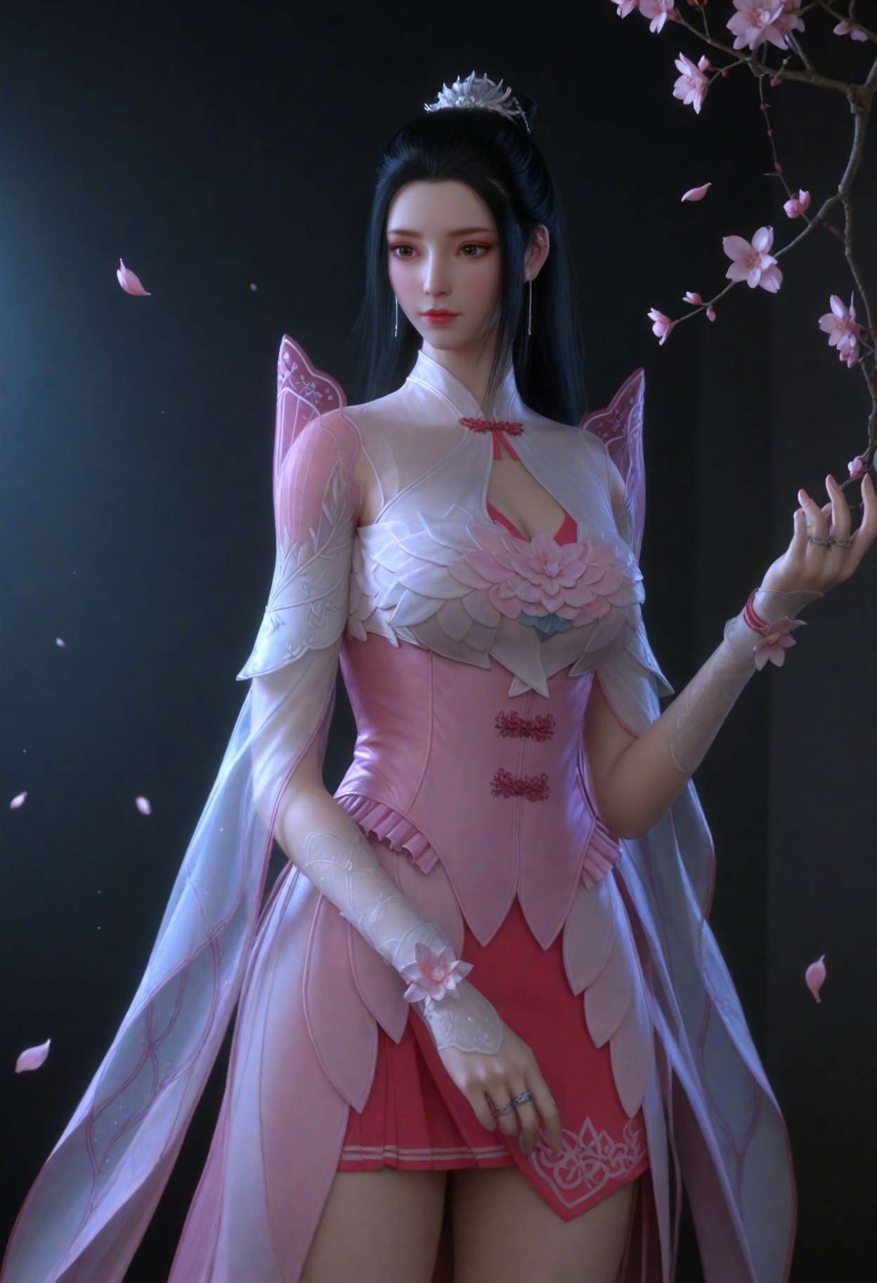 (cowboy shot:1.2),(gigantic breasts:0.6),(slender:1.3),(looking_at_viewer:1.1),(masterpiece:1.1),(best quality:1.2),(intricate details),dim lighting,(smog:1.3),(Dark room:1.3),(dim lighting:1.3),peach blossom,falling petals,<lora:YQ_li光辉v5_薰儿粉衣_V1:0.8>,1girl,q1528437228,solo,black_hair,long_hair,dress,hair_ornament,pink_dress,ponytail,jewelry,hair_bun,earrings,see-through_sleeves,see-through,single_hair_bun,long_sleeves,skirt,brown_eyes,corset,flower,ring,white_dress,realistic,thighhighs,cleavage_cutout,masterpiece,(best quality),(intricate details:0.9) BREAK masterpiece,(best quality),(intricate details:0.9),(realistic skin:1.2),