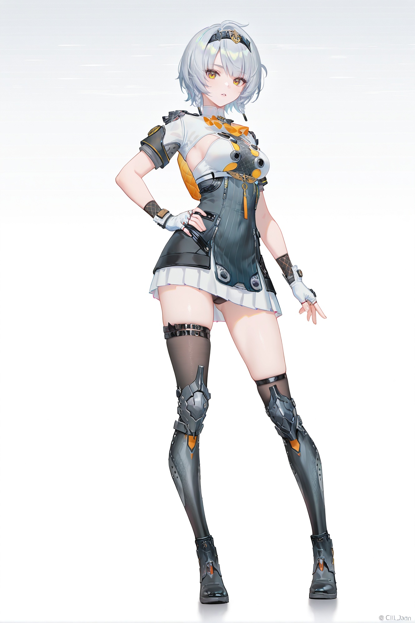 8k,best quality,masterpiece,(ultra-detailed),(high detailed skin),((artist:reoen),(artist:fuzichoco),(artist:atdan),(artist:torino_aqua),year 2024:0.8)1girl,[artist:wlop],[artist:ningen_mame],artist:ciloranko,[[artist:rhasta]],artist:tidsean,colorful,full body,full shot,standing,looking at viewer,(solo:1.2),simple background,(white background:1.2),hand on own hip,(white background:1.1),<lora:anbinew-ill-Tanger-000013:1>,anby demara \(silver soldier\),clothes: silver soldier black and white short dress,silver soldier clothes,1girl,black knee boots,fingerless gloves,hairband,