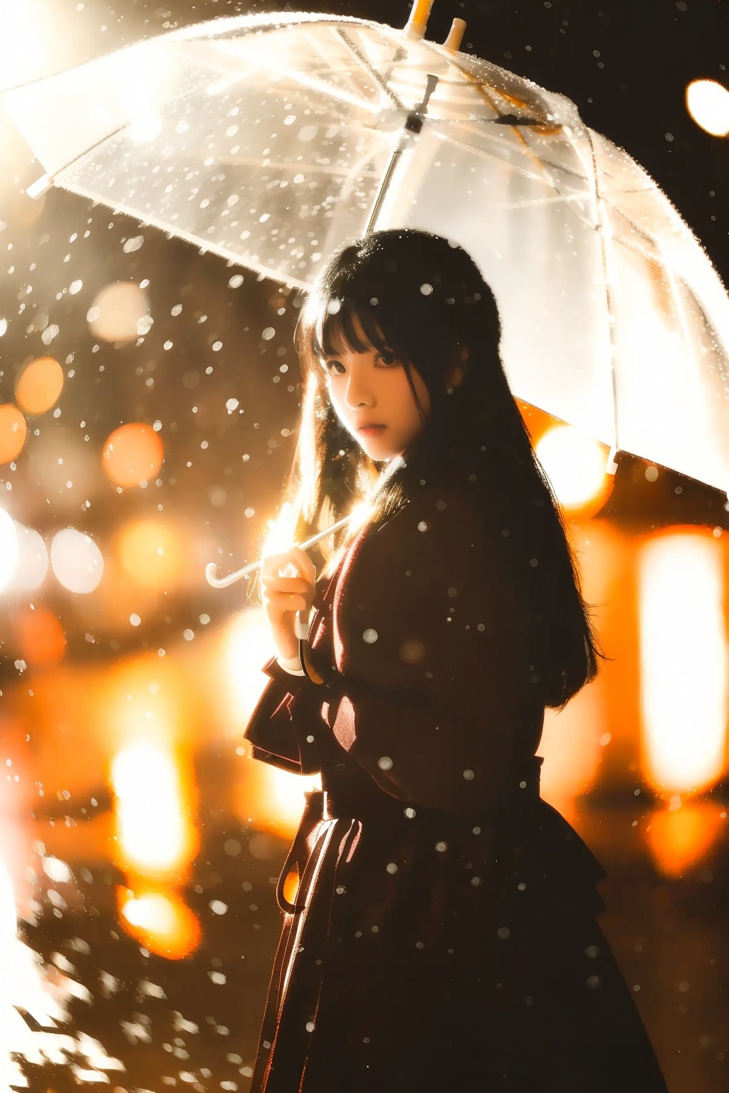 bubble, splashing, snowflakes, side glare, xueye, 1girl, ambient lighting, solo, backlighting, light pollution, light reflection from ground, ground reflection, reflection, bokeh, side lighting, long hair, transparent umbrella, looking at viewer, skirt, black hair, long sleeves, holding, standing, outdoors, blurry, black eyes, lips, coat, depth of field, umbrella, ground vehicle, snowing, holding umbrella, transparent, bow, bowtie, realistic, bangs, parted lips, blurry background, snow,<lora:xueye_v1:0.8>