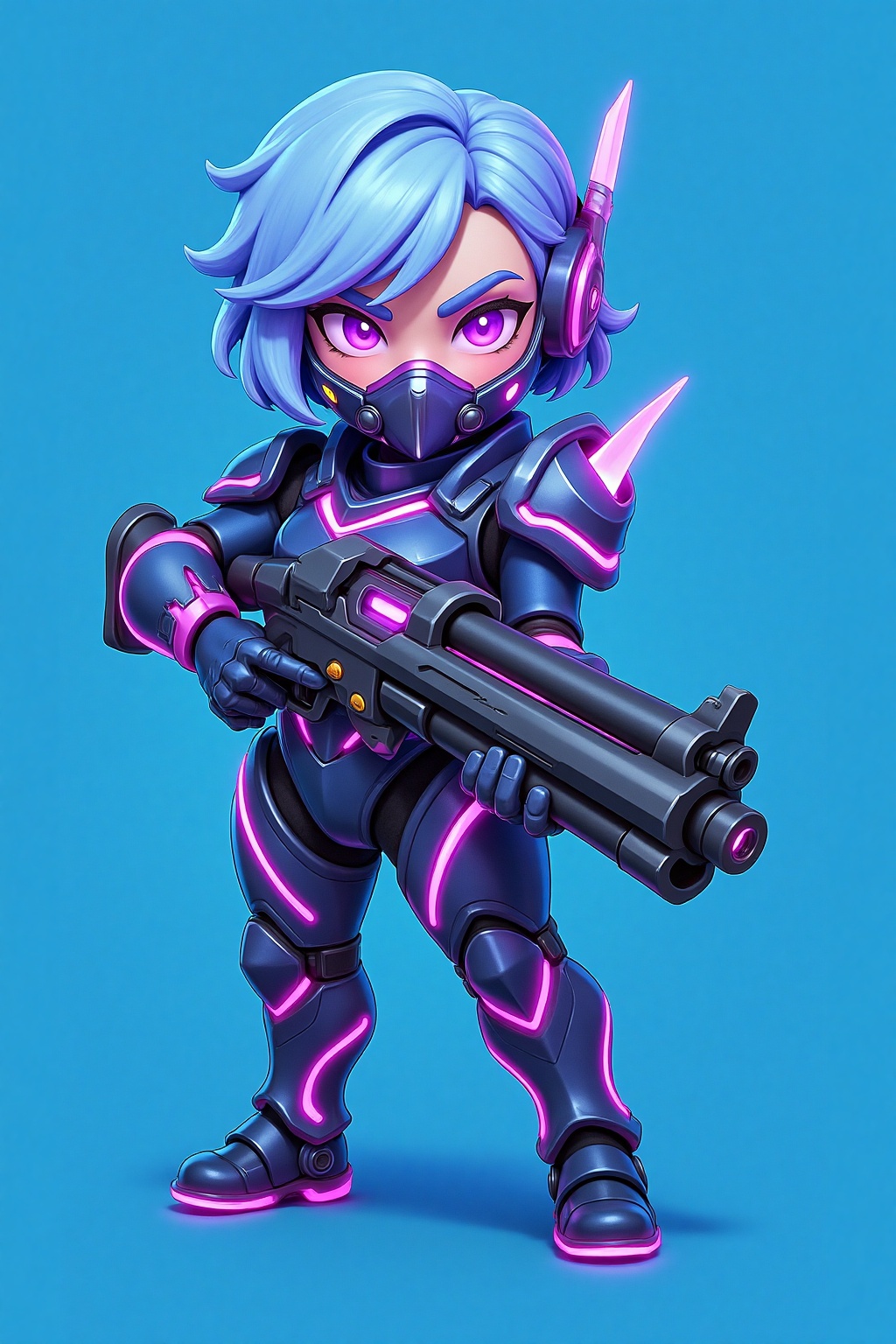 3d,a girl,chibi,Full-body shot of a cyborg female warrior with neon blue-violet short hair,transparent protective face mask,sci-fi tight-fitting armor with flowing light patterns,wielding a pulse rifle, set against a solid blue background.,