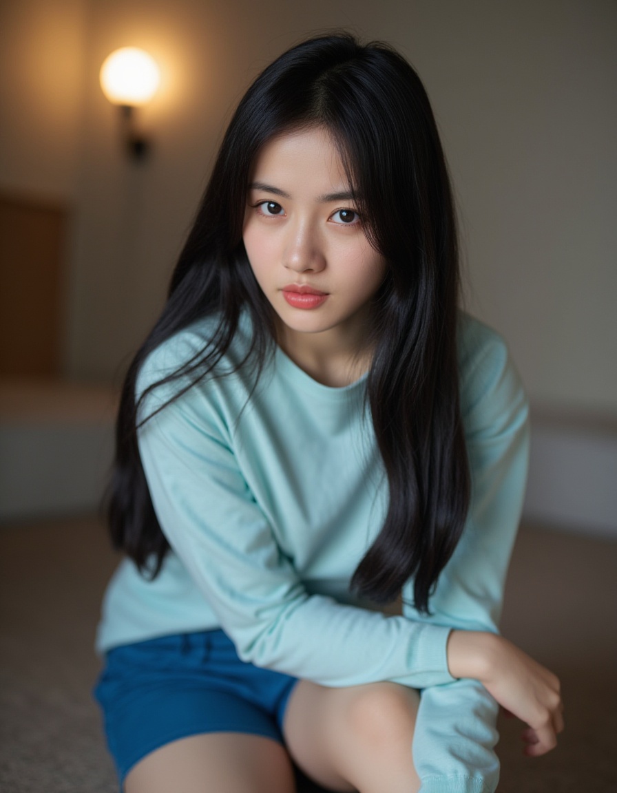 a young Asian woman with long dark hair,wearing a light blue long-sleeved t-shirt and blue shorts,is seated on a brown carpeted floor. Her left hand is draped over her right shoulder,adding a touch of color to the scene. The woman's eyes are a piercing blue,and her lips are a pinkish-pink. Her hair is cascading down her shoulders,framing her face. A light bulb is emitting from the top of her head,casting a shadow on the left side of the image.,