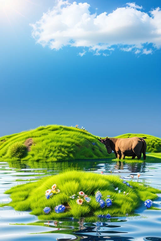 CDCJ, 3D, product photography, still life, flower, outdoors, sky, day, cloud, water, blue sky, no humans, scenery, sun, sheep, cow