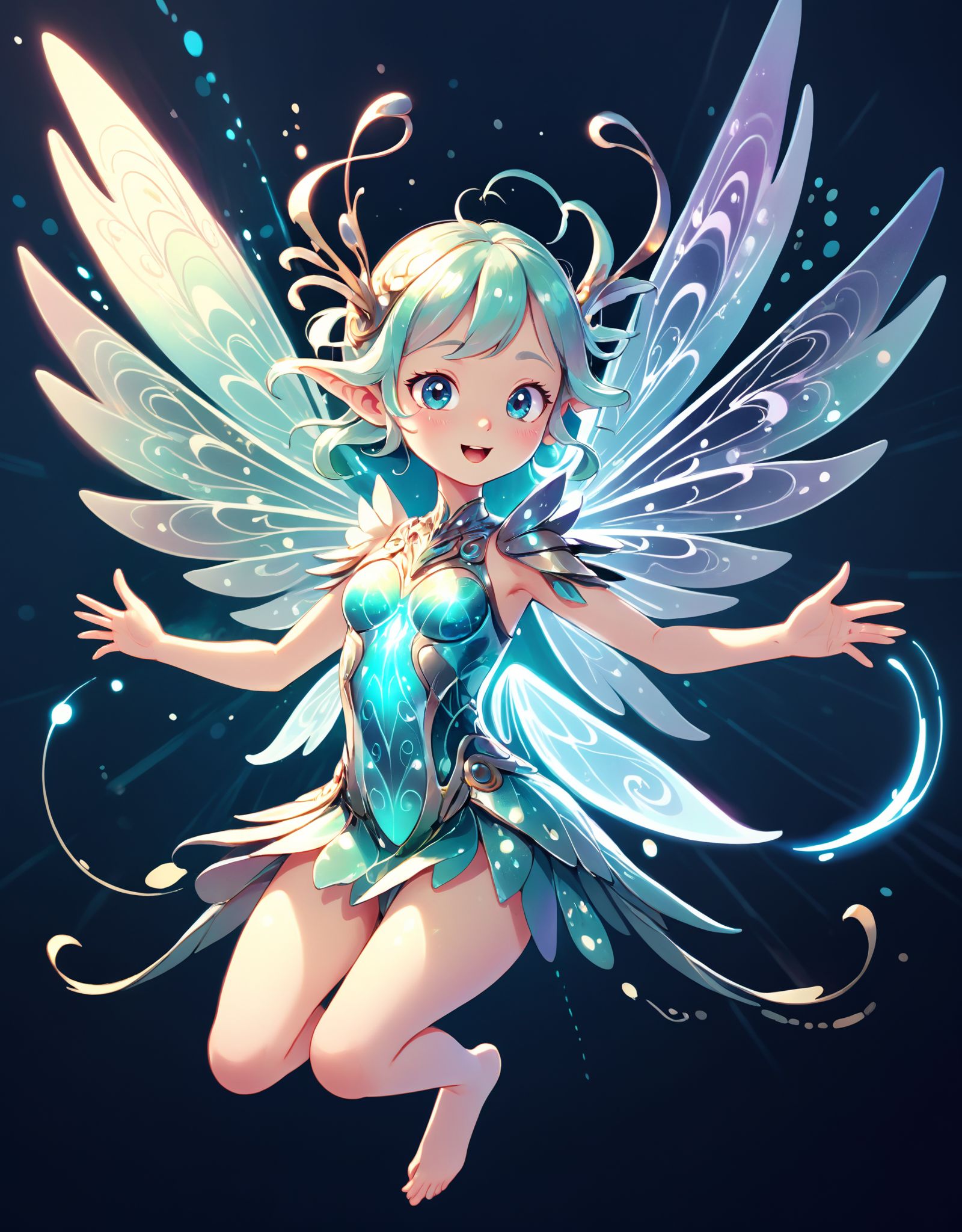 Illustration of a whimsical,  ethereal fairy with metallic wings and a playful expression,  surrounded by swirling pattern...