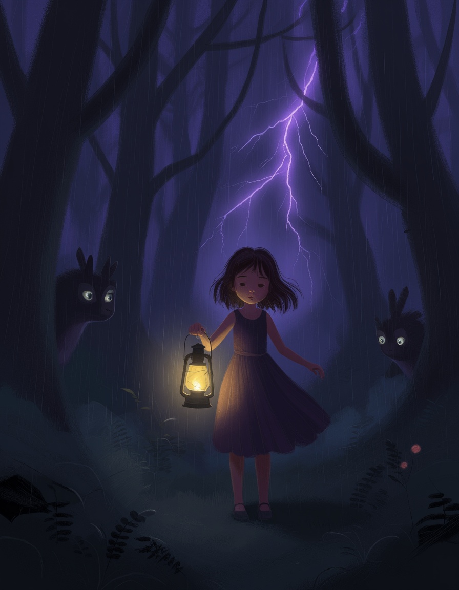 "Digital art painting,  dramatic and moody,  a girl holding a lantern in a dark forest during a thunderstorm on Tensor.Art
