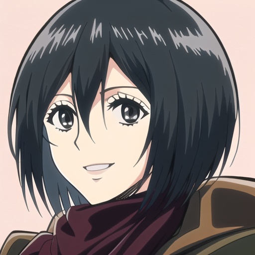 1girl,solo,mikasa ackerman,scarf,black hair,short hair,hair between eyes,black eyes,smile,portrait,close-up,red scarf,<lora:jv_ren_mikasa_GhostMix-V2.0-fp16-BakedVAE.safetensors-System.Byte[]:1>,