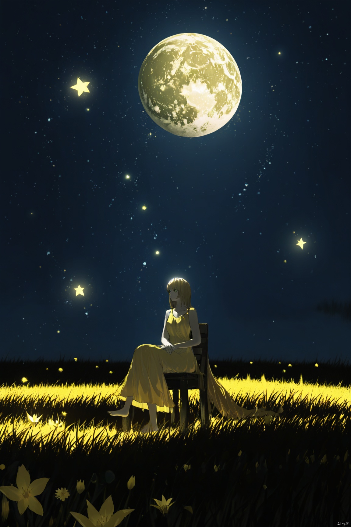 best quality,person on moon, night sky, stars, glowing orbs, field of flowers, surreal, whimsical, seated pose, yellow dress, female, barefoot, backlit, high contrast, dreamlike atmosphere, vertical composition, glowing effect, serene expression, photo manipulation, nature, outdoor setting, imaginative,Movie style background<lora:EMS-337925-EMS:0.800000>