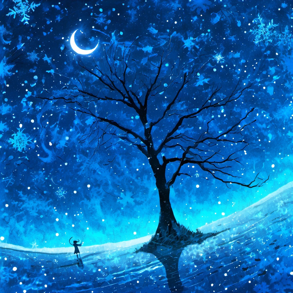 <lora:star_xl_v2:1>,a painting of a tree and a moon in the sky with snow flakes on it and a blue background, 1girl, solo, tree, glowing, scenery, blue theme, silhouette, snowflakes, night, moon, reflection, crescent moon, bare tree, The image showcases a serene nighttime landscape. Dominating the scene is a large, leafless tree with intricate branches, standing tall against a backdrop of a starry sky. Snowflakes are scattered throughout the sky, and there's a crescent moon visible. The ground is reflective, possibly a body of water, and a small figure, possibly a child, stands near the tree's base, gazing up at the celestial wonders. The overall color palette is dominated by shades of blue, creating a cold and ethereal atmosphere., sky, water, figure