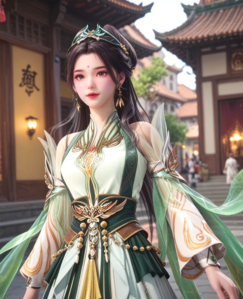 (oriental architecture, elegant decor, sophisticated style:1.1),(Walking forward with a confident stride,:1.1),(breasts:1.2),<lora:XL师兄啊龙吉公主:0.95>,princess longji,dress,forehead mark,black hair,hair bun,hair ornament,long hair,earrings,jewelry,black sash,see-through sleeves,detached sleeves,tassel,, score_9,score_8_up,score_7_up,score_6_up,score_5_up,score_4_up,3d rendering,tag1,tag2, Cinematic Lighting,backlighting,
