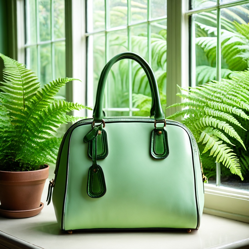 scenevintagreen,  a leather handbag,  vintage glass conservatory on Tensor.Art