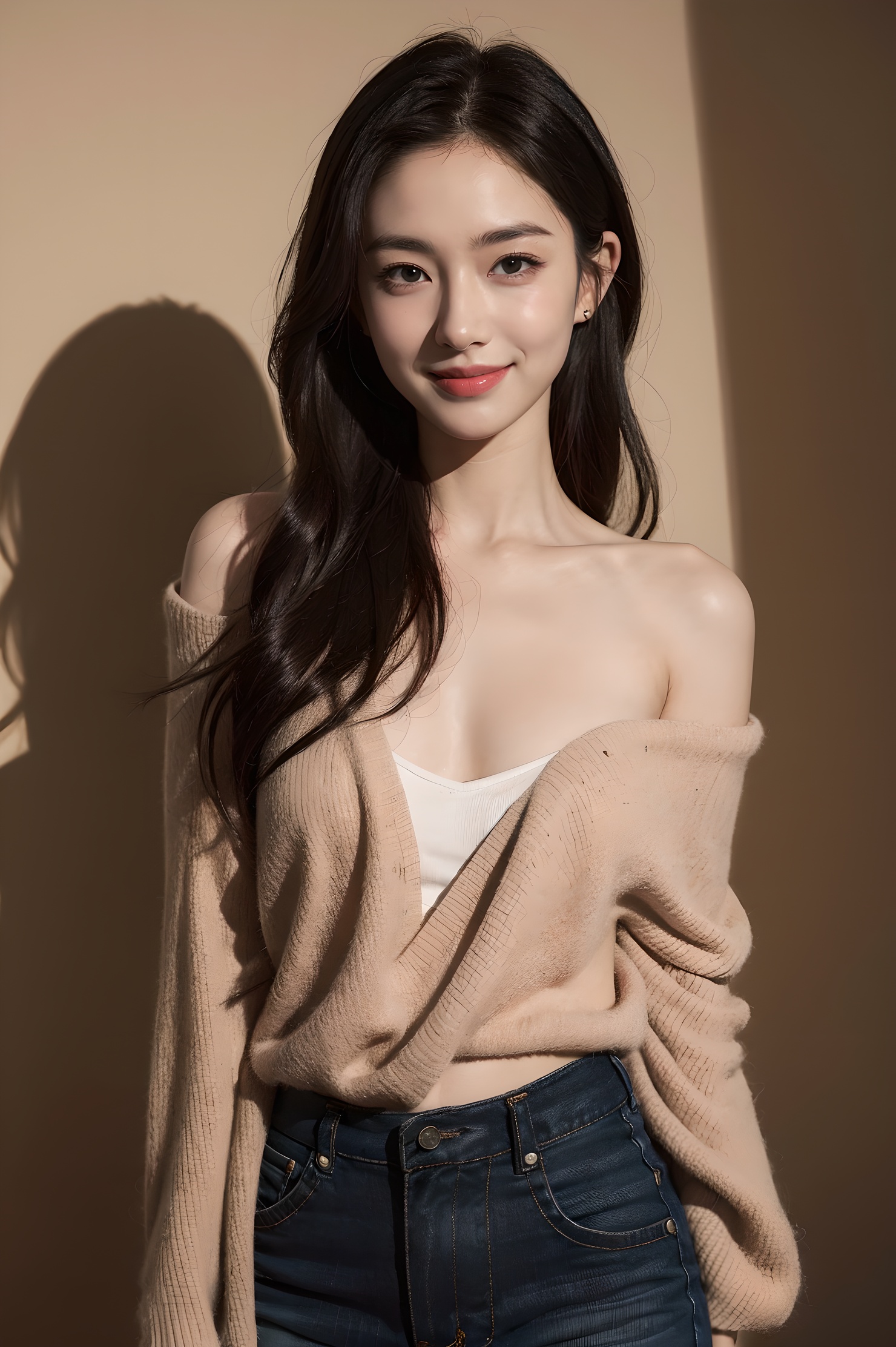 1girl, offshoulder, smile, cute, waist up, deep shadow, in the dark, low key.best quality, masterpiece, (photorealistic:1.4) .
