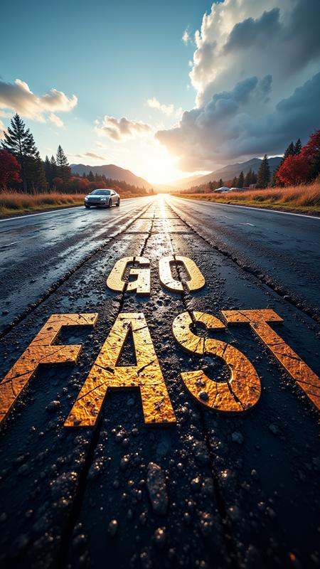 A high-energy racing video game cover,  where tire tracks spell out “Go Fast” across the asphalt. with Text: "Go Fast" ,...