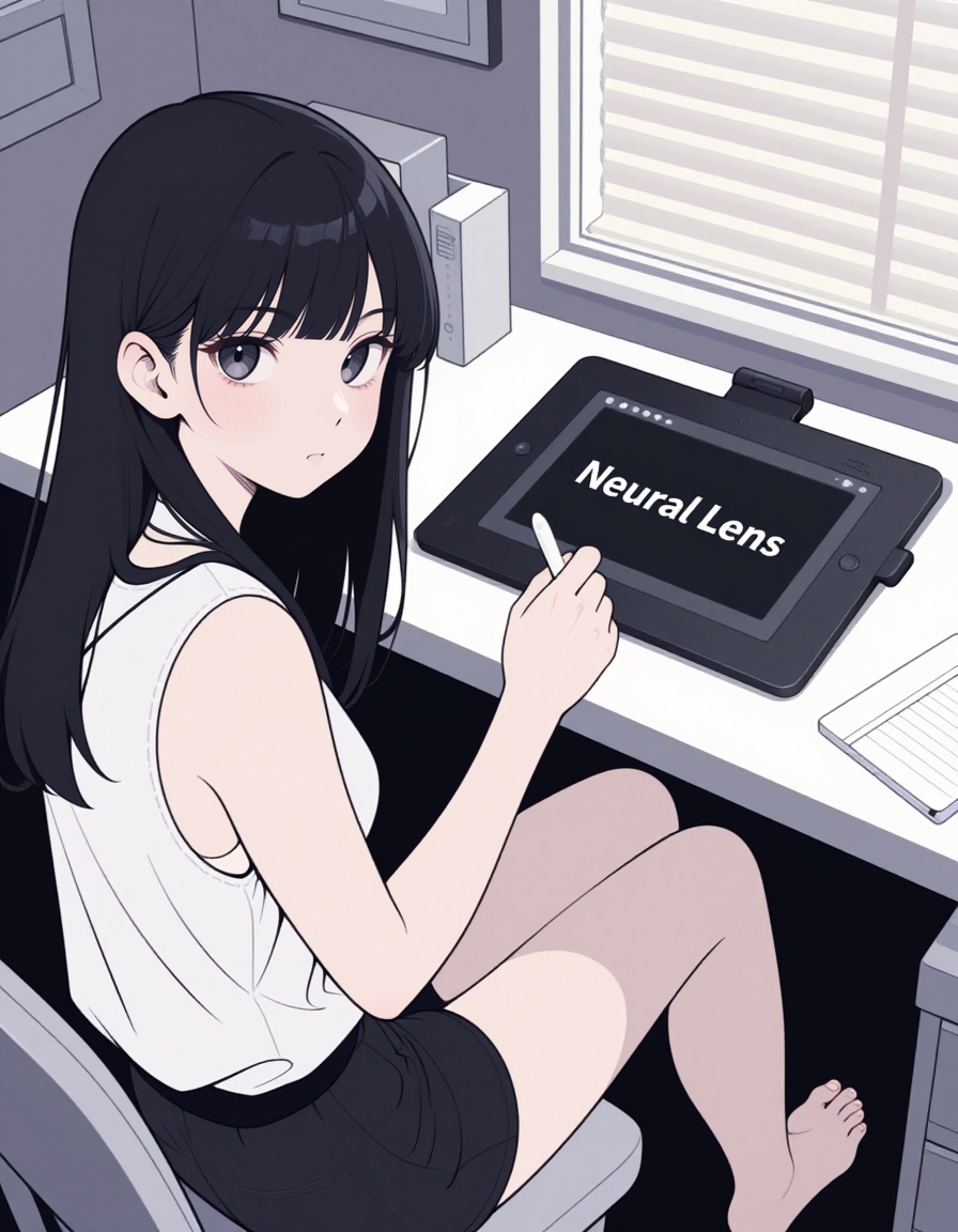 A high angle shot of A woman with long dark hair,  wearing a white sleeveless top and black shorts,  is sitting at a desk...