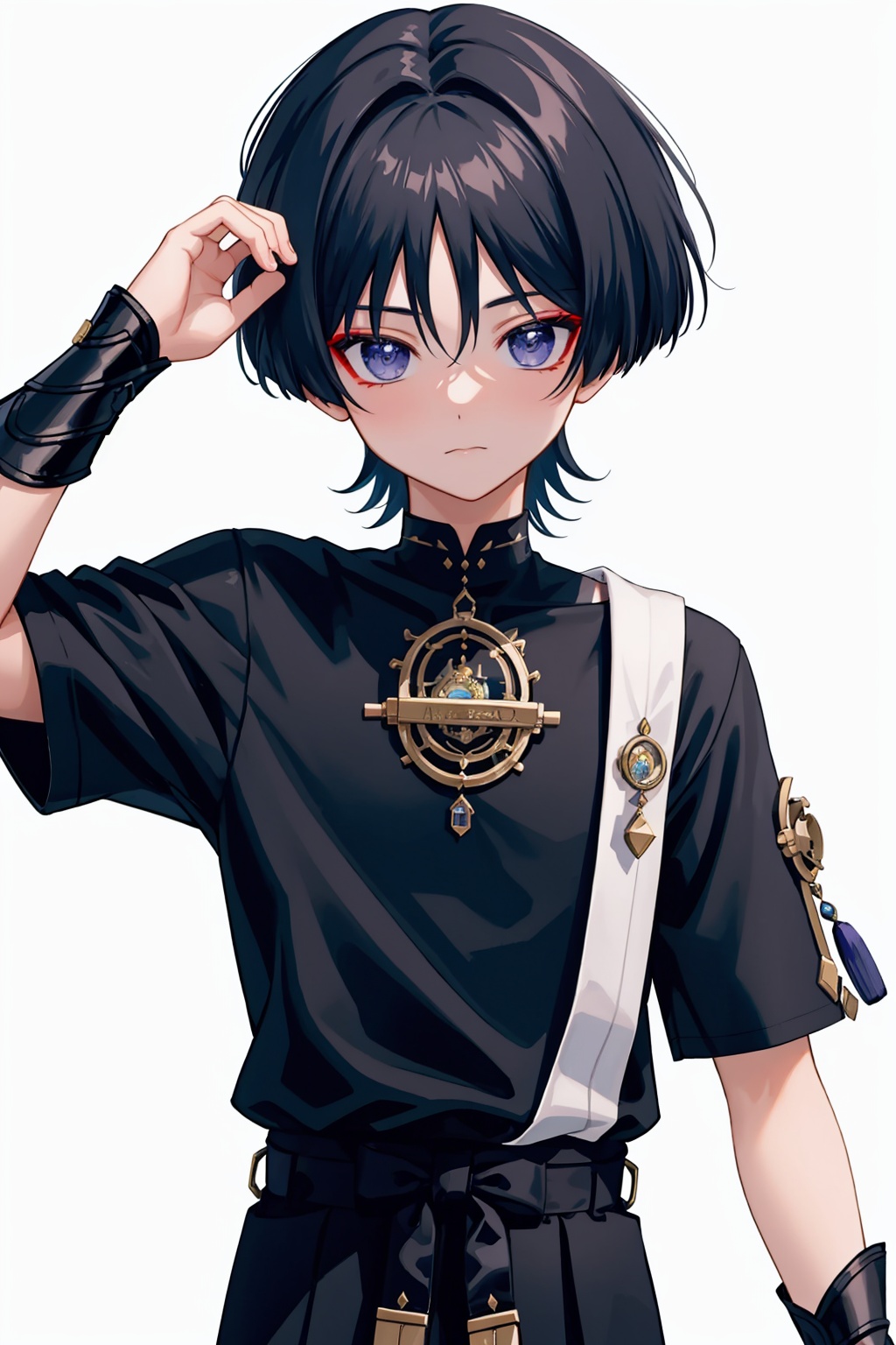 masterpiece,best quality, highly detailed, scaramouche (genshin impact),1boy,male focus,solo,simple background,short sleeves,looking at viewer,closed mouth,black shirt<lora:scaramouche_(genshin_impact):1>,simple background,white background