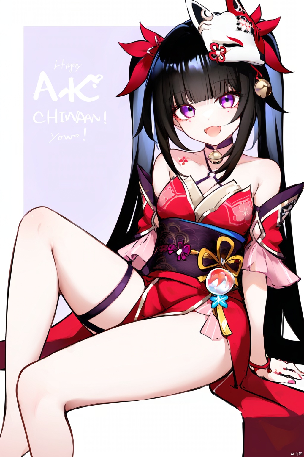 nai3, 1girl, solo, ahoge, virtual youtuber, , flower, looking at viewer, sitting, open mouth, smile,bangs,between legs, :d, hand between legs, purple background, fang, feet out of frame,haoche\\\\\\\\\\\\\\huahuo, 1girl, single_glove, mask on head, sash, black hair, twintails, purple eyes, obi, (fox mask:1.1), single glove, japanese clothes, (Cherry blossom tattoo, chest tattoo:1.1)<lora:EMS-310672-EMS:0.800000>