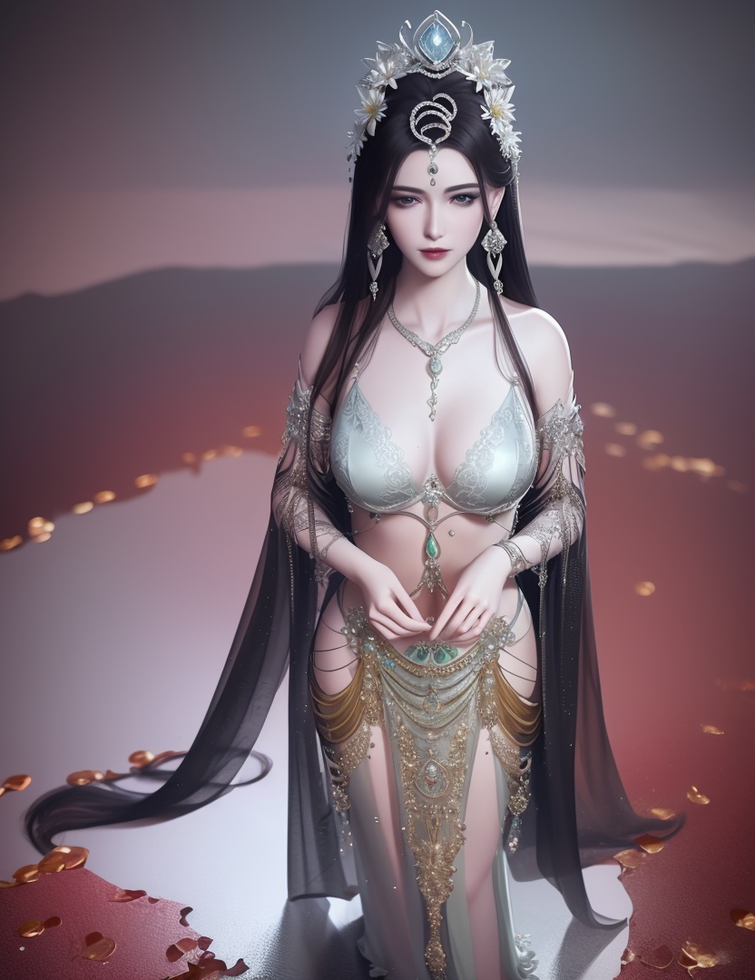 ultra realistic 8k cg, picture-perfect face, flawless, clean, masterpiece, professional artwork, famous artwork, cinematic lighting, cinematic bloom, perfect face, beautiful face, fantasy, dreamlike, unreal, science fiction , beautiful clothes, lace, lace trim, lace-trimmed legwear,  (rich:1.4), prestige, luxury, jewelry, diamond, gold, pearl, gem, sapphire, ruby, emerald, intricate detail, delicate pattern, charming, alluring, seductive, erotic, enchanting, hair ornament, necklace, earrings, bracelet, armlet,halo((,1girl, pov,))  (((1girl, solo,,, large breasts,  looking_at_viewer , wilted flower, ,  1girl, , , solo, , body horror, )))    <lora:DA_NSH_XLZH:0.6>