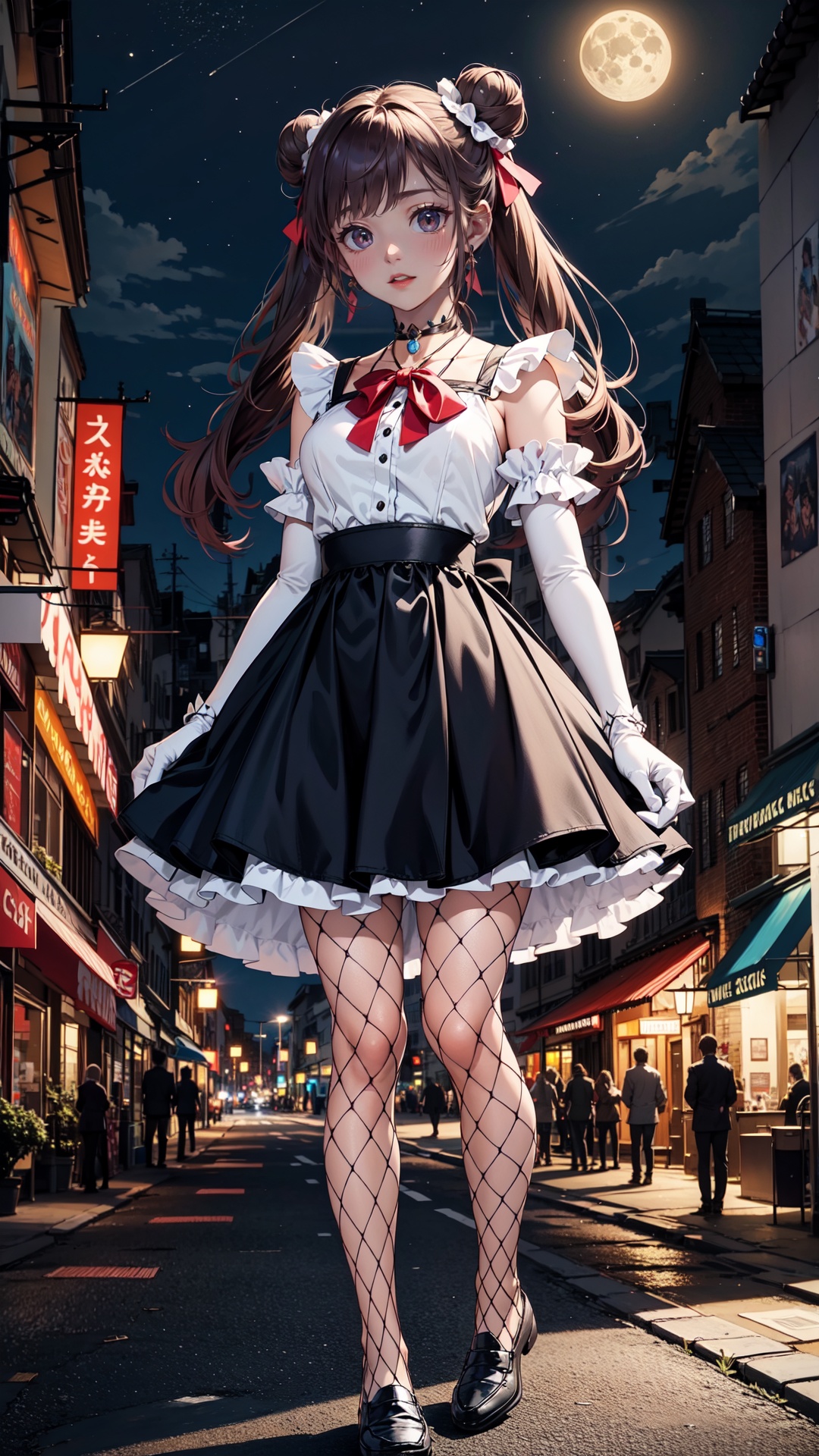 (tutututu),fishnet pantyhose,loafers,<lora:merged_0002:1>,masterpiece, best quality, highres, absurdres, ultra detailed, pretty eyes, semi realistic,1girl, aausagi, double bun, twintails, parted bangs, circlet, jewelry, earrings, choker, red bow, white gloves, elbow gloves, blue skirt, , standing, cowboy shot, night, outdoors, moon, smile, city,