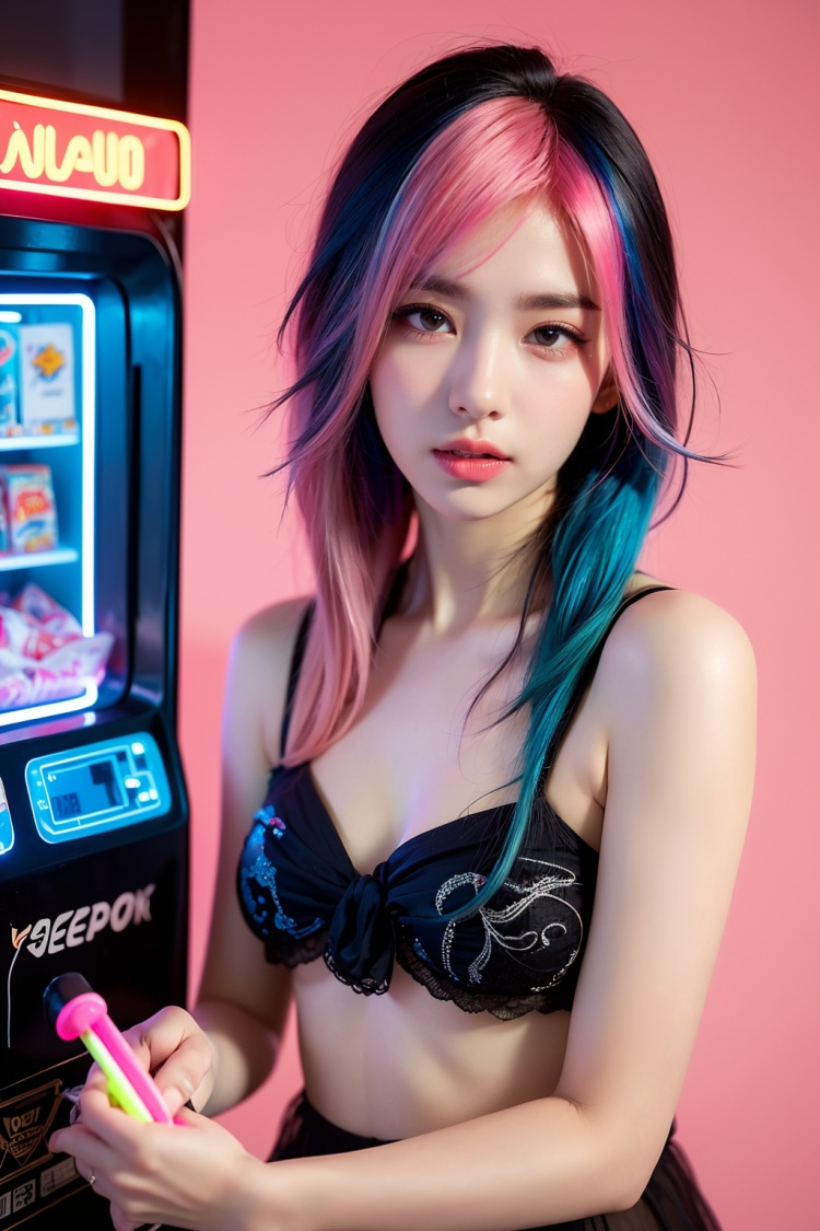 (masterpiece, top quality, best quality, official art, beautiful and aesthetic:1.2),(photoreal:1.5),BREAK 1 girl with a bunch of candy and a candy machine in her hand and a pink background with stars,upper body,photo,a detailed painting,pop surrealism,(neon color hair:1.5),strong wind,giant marshmallow candy machine break needlework,intricate designs,textile art,handmade details,creative expression,colorful threads,cyberpunk,break Alice Prin,,