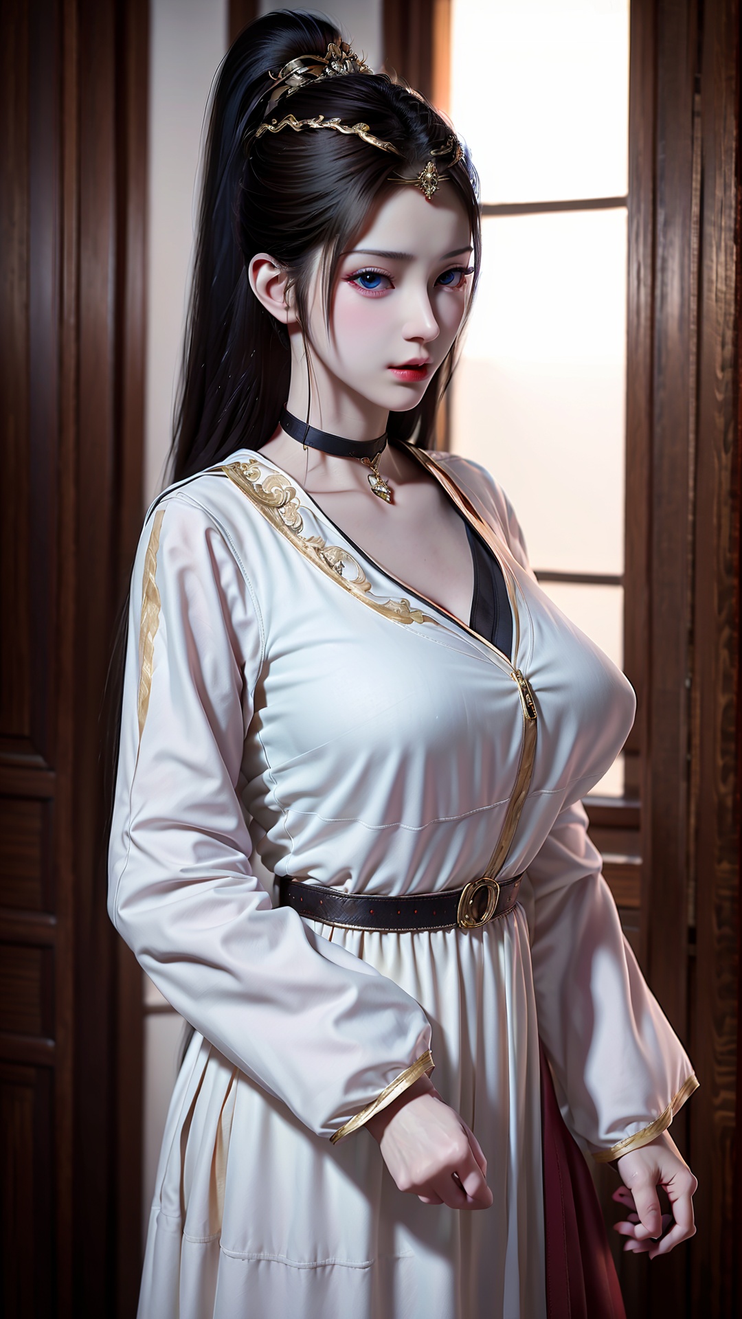 1girl,solo,long hair,black hair,dress,white dress,looking at viewer,blue eyes,hair ornament,indoors,long sleeves,curtains,realistic,choker,closed mouth,lips,standing,ponytail,<lora:Gloss_Tweaker_V2:0.6>,<lora:粉色妆容强度调节滤镜:0.5>,huge filesize,reservoir,<lora:girl solo yuanyao_20240908025103:0.8>,