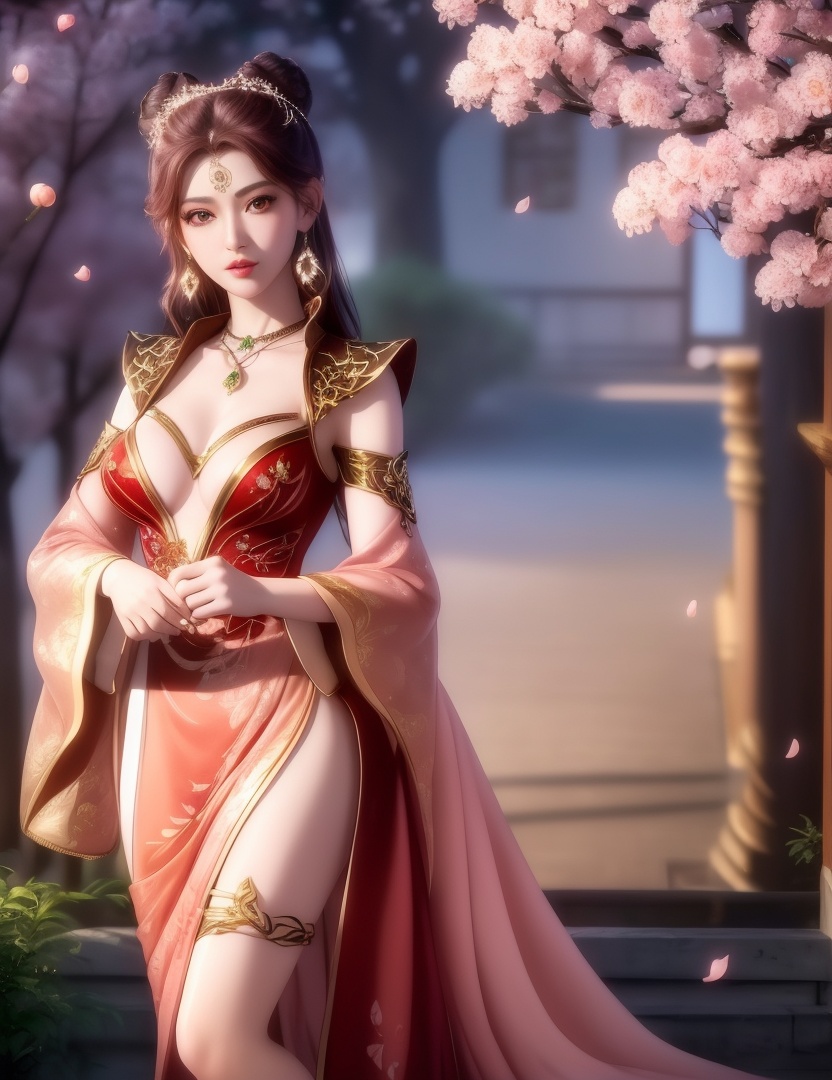 ultra realistic 8k cg, picture-perfect face, flawless, clean, masterpiece, professional artwork, famous artwork, cinematic lighting, cinematic bloom, perfect face, beautiful face, fantasy, dreamlike, unreal, science fiction,  beautiful clothes, lace, lace trim, lace-trimmed legwear,  (rich:1.4), prestige, luxury, jewelry, diamond, gold, pearl, gem, sapphire, ruby, emerald, intricate detail, delicate pattern, charming, alluring, seductive, erotic, enchanting, hair ornament, necklace, earrings, bracelet, armlet,halo((,1girl, pov,))(((,peach blossom, branch, 1girl, tree, spring_\(season\), solo, petals, black_hair, japanese_clothes,looking at viewer, )))    <lora:DA_MaXiaoTao:0.6>