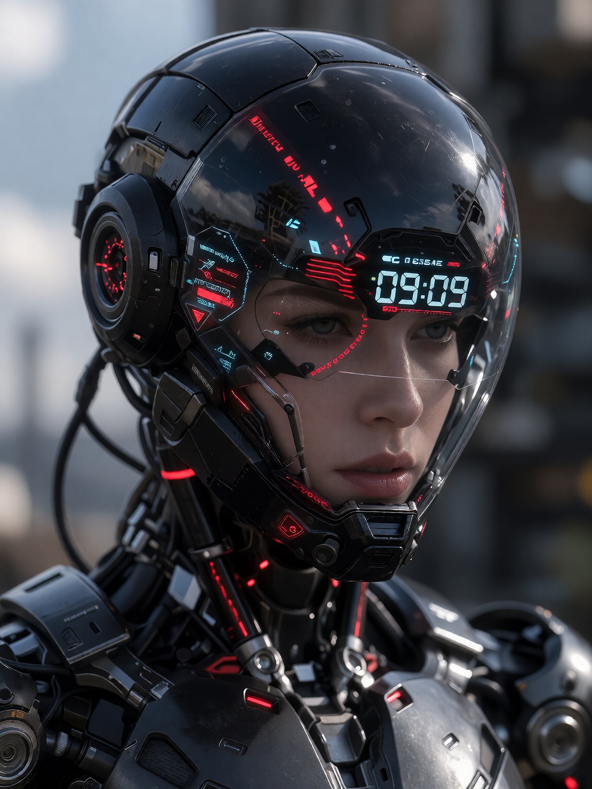 A highly detailed digital illustration depicting a futuristic,  sci-fi helmet worn by a humanoid robot. The helmet is pred...