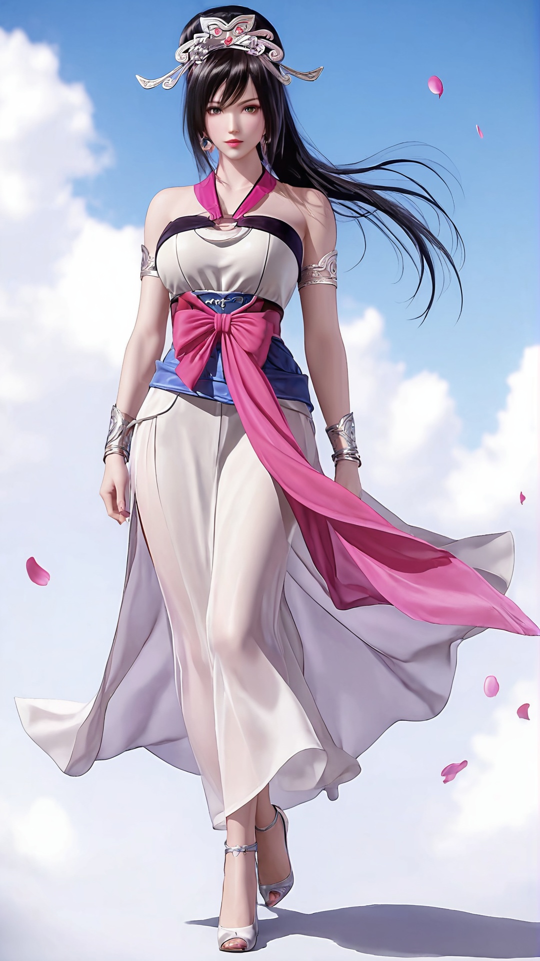 The image is a digital illustration of a young woman with long black hair and a crown on her head. She is standing on a blue sky with white clouds and pink rose petals flying around her. The woman is wearing a long, flowing pink and white dress with a blue belt tied around her waist. She has a pair of silver bracelets on her wrists and is holding a pink scarf in her left hand. Her right hand is resting on her hip and she is looking off to the side with a serious expression on her face. The overall mood of the image is peaceful and serene.,<lora:pony红莲:0.8>,