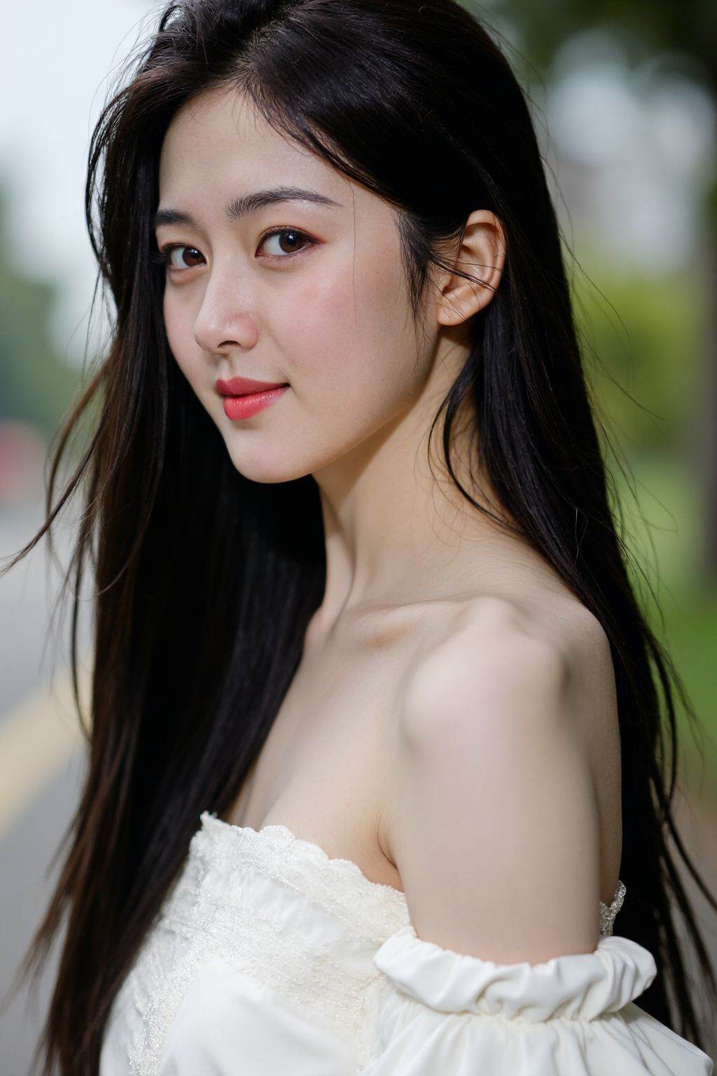 film grain, 1girl, solo, realistic, black hair, looking at viewer, dress, long hair, smile, white dress, brown eyes, photorealistic, upper body, outdoors,