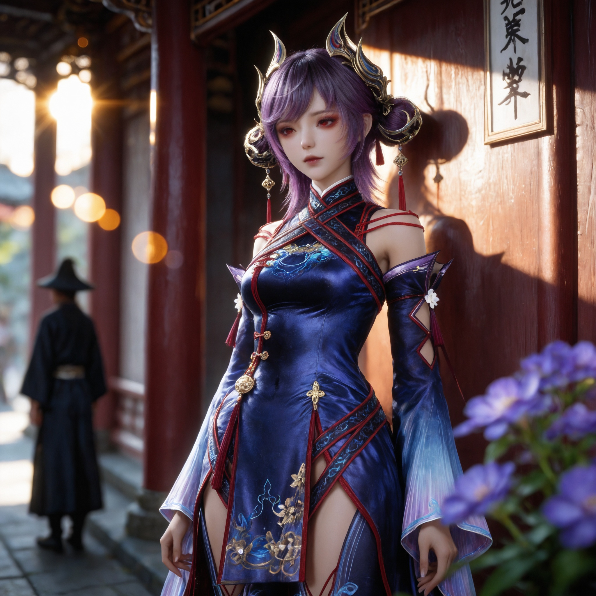 <lora:牧神记-司芸香IL:0.7> 1girl, hair ornament, red eyes, purple hair, horns, lips,blue dress, thighhighs, bare shoulders, wide sleeves,detached sleeves,  chinese clothes, purple flower,, realistic style photo,outstanding style,Use soft lighting to cast gentle shadows on the subject,adding a touch of dimension to your images without compromising details,whirls of vapor,(Anime:1.1),soft neon light,ethereal ambiance,delicate details,magical atmosphere,concept art,highly detailed,ultra-high resolution,32K UHD,sharp focus,best-quality,masterpiece,golden hour,unconventional supreme masterpiece,masterful details,temperate atmosphere,with a high-end texture,in the style of fashion photography,magazine style,Dynamic Angle,Dynamic posture,magazine style,Dynamic Angle,Dynamic posture,(cowboy_shot:1.2),eye trail,depth of field,cinematic lighting,lens flare,close-up,extreme aesthetic,(wlop:0.6),(honjou raita,lack,rella,wanke:0.5),masterpiece,best quality,good quality,newest,year 2025,very aesthetic,absurdres,Visual impact,A shot with tension,ultra-high resolution,32K UHD,sharp focus,best-quality,masterpiece,Emotionalization,unconventional supreme masterpiece,masterful details,temperate atmosphere,with a high-end texture,in the style of fashion photography,(Visual impact:1.2),giving the poster a dynamic and visually striking appearance,