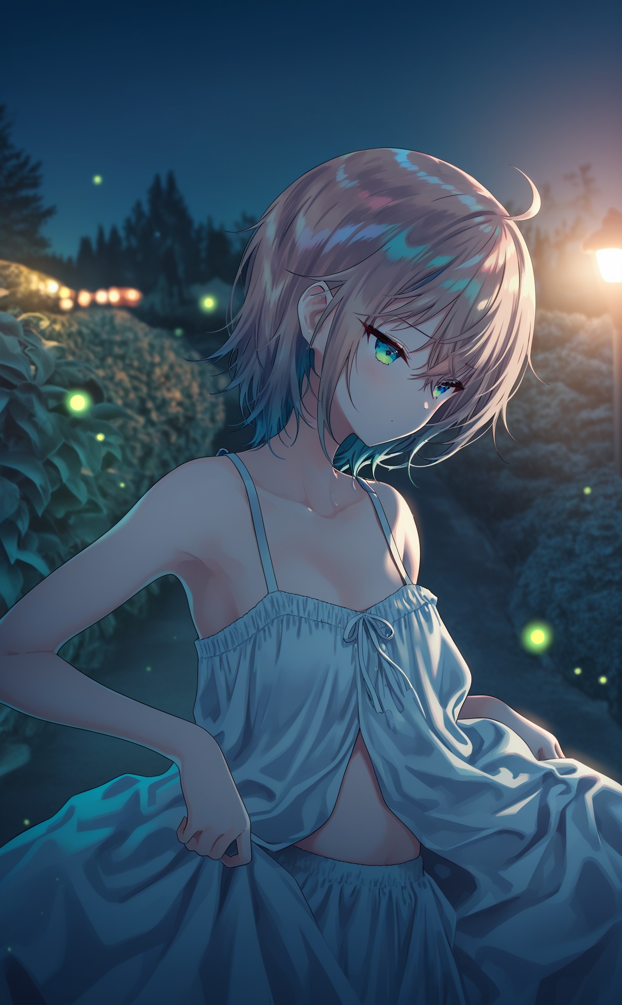 masterpiece,absurdres,best quality,high quality,chromatic_aberration,Night,darkness,black theme,//,skirt_lift,clothes_lift,shy,embarrass,endured_face,wardrobe_error,open_clothes,medium breasts,narrow_waist,midriff,belly,collarbonea,bare shoulders,clothes_down,//,1girl,solo,long_hair,dress,night,white_dress,glowing,looking_down,collarbone,sleeveless_dress,upper_body,sleeveless,outdoors,blurry,closed_mouth,light_particles,bare_shoulders,sundress,bare_arms,floating_hair,fireflies,blurry_background,light,tree,half-closed_eyes,white_hair,looking_at_object,dark,hands_up,breasts,blue_hair,grey_hair,expressionless,blue_theme,cowboy_shot,depth_of_field,night_sky,blunt_bangs,nature,sky,//,potorealistic,((Artist:na-ga)),artist:luvluvvox,artist:fukai ryosuke,[artist:Torino aqua],artist:minato hitori,hiten_(hitenkei),artist:rurudo,artist:lazuri7,artist:yunikon,artist:ramchi,(courreges_ace),//,highres,HDR,8K,high contrast,illustration,depth of field,(colorful),Tyndall effect,contrast,lens flare,