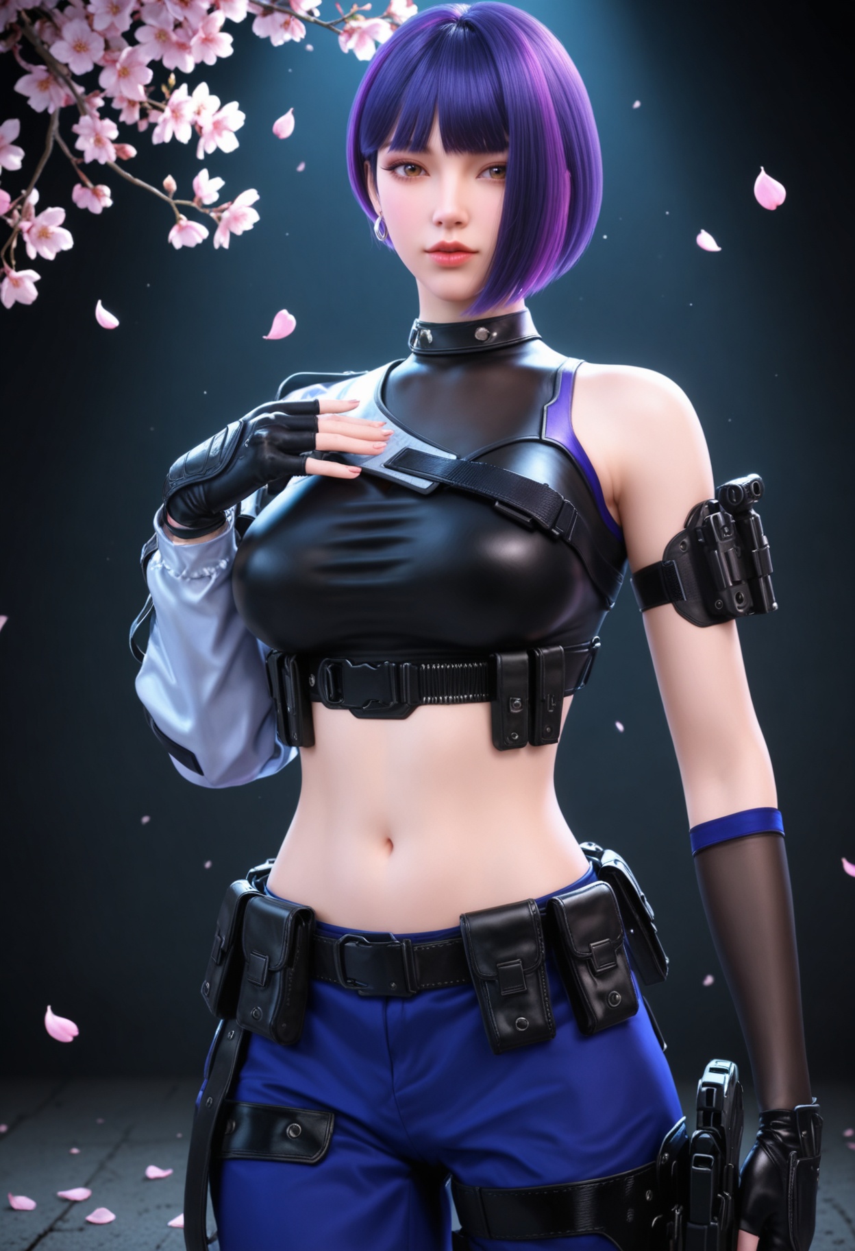 (upper_body:1.2),(gigantic breasts:0.6),Perky boobs,(looking at viewer:1.1),facing viewer,direct gaze,(masterpiece:1.1),(best quality:1.2),(intricate details),(smog:1.3),(Dark room:1.3),(dim lighting:1.3),peach blossom,falling petals,<lora:YQ_Illustrious光辉v5_雨墨_V1:0.8>,1girl,q1528437228,solo,short hair,purple hair,crop top,gloves,pants,belt,boots,holster,blunt bangs,police uniform,multicolored hair,jewelry,earrings,belt pouch,brown eyes,knee pads,thigh holster,masterpiece,(best quality),(intricate details:0.9) BREAK (intricate details:0.9),(realistic skin:1.2),masterpiece,best quality,newest,absurdres,hiahres,