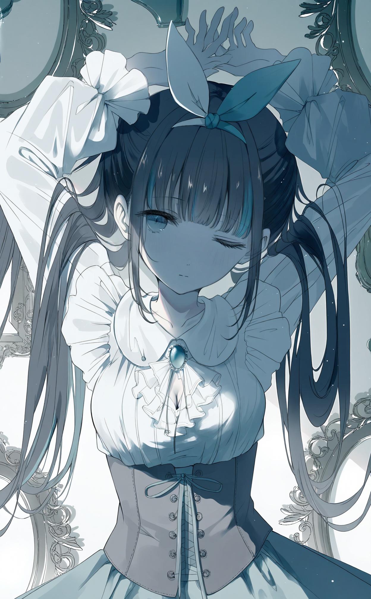 masterpiece,highres,absurdres,newest,best quality,loli,petite,high quality,chromatic_aberration,shiny_skin,//,1girl, solo, long_hair, one_eye_closed, frills, corset, picture_frame, blunt_bangs, jewelry, long_sleeves, looking_at_viewer, multicolored_hair, frilled_sleeves, dress, hairband, black_hair, shirt, upper_body, ribbon, light_particles, closed_mouth, arm_up, collarbone, white_shirt, streaked_hair, bow_hairband, ascot, hair_ribbon, brooch, frilled_shirt, sidelocks, puffy_sleeves, gem, skirt, blue_hair, earrings, hair_bow, blue_skirt, grey_theme, puffy_long_sleeves, blue_eyes, brown_corset, aqua_theme, bow, grey_eyes//,medium breasts,bouncing breasts,cleavage,bare shoulders,//,<lora:aestivation——【noob】hans:1>,