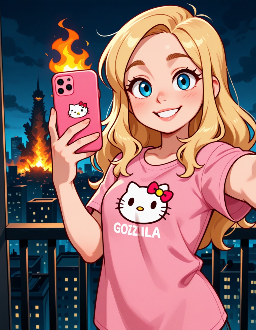 a beautiful blonde girl smiling and taking a selfie with an iphone,  dressed with a hello kitty pink t-shirt, on Tensor.Art