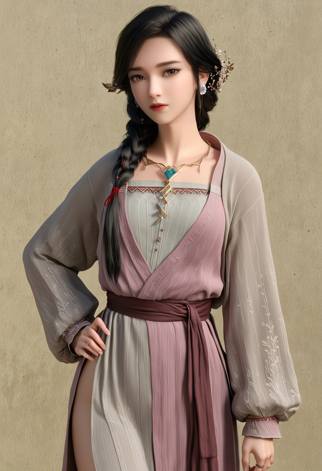 score_9,high detail,best quality,cinematic lighting,volumetric lighting,shiny skin,shiny,1girl,jewelry,solo,braid,earrings,necklace,hair ornament,long hair,black hair,looking at viewer,realistic,hair over shoulder,single braid,lips,simple background,long sleeves,ring,brown eyes,standing,thighs,<lora:QQSponyyingmoV1:0.8>,<lora:Pony_DetailV2.0:0.8>,<lora:皮肤凹痕:0.1>,
