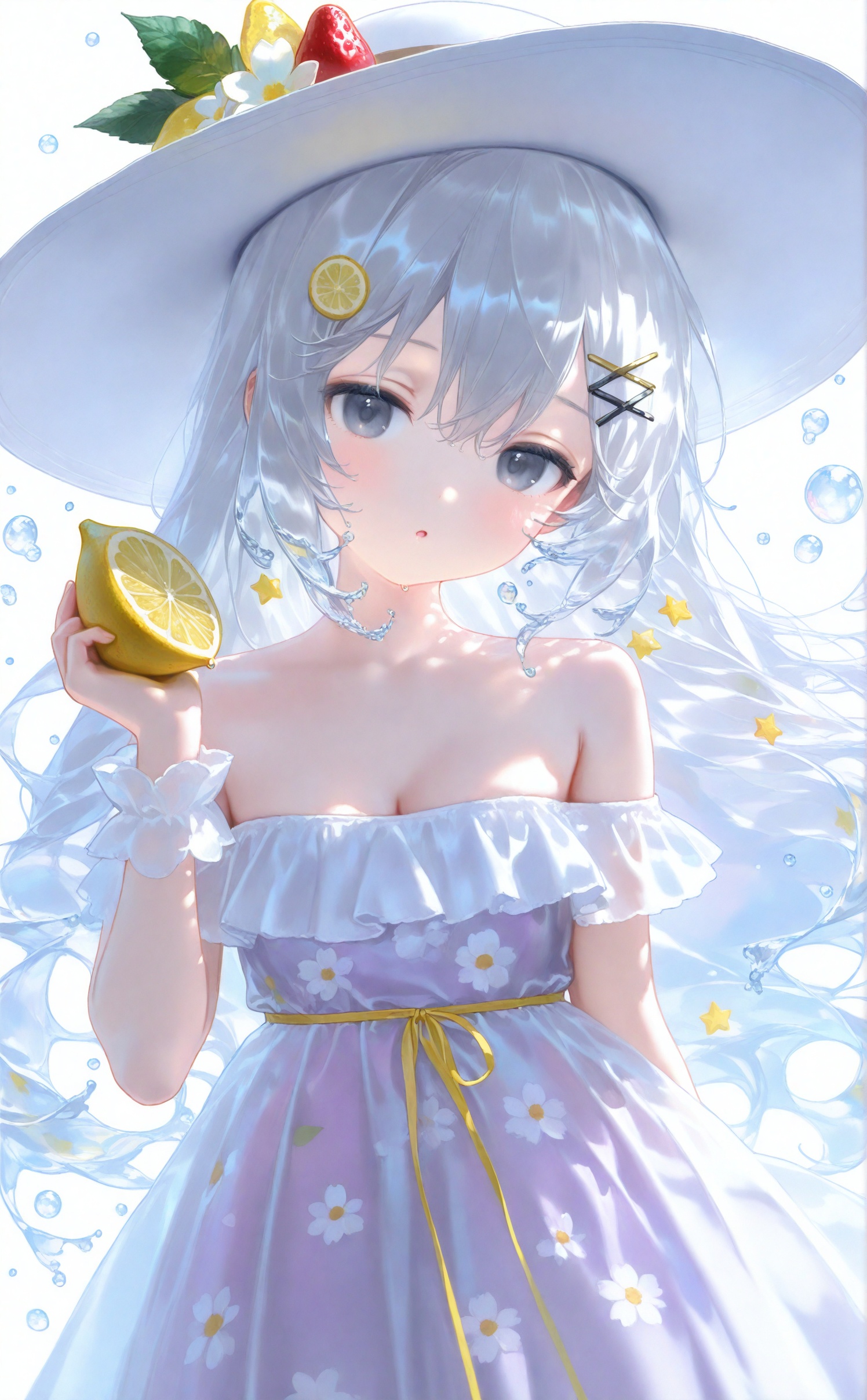 nyalia,1girl,solo,food,fruit,dress,hat,breasts,lemon,grey eyes,holding food,white dress,parted lips,cleavage,holding,bare shoulders,long hair,water drop,looking at viewer,lemon slice,medium breasts,wrist cuffs,cherry,very long hair,hair between eyes,hair ornament,white hair,off-shoulder dress,hand up,holding fruit,strapless dress,white headwear,hairclip,frills,blush,grey hair,white background,brown headwear,off shoulder,:o,strapless,bubble,frilled dress,grey headwear,ribbon,standing,flower,water,transparent,sleeveless dress,floral print,bow,small breasts,cowboy shot,red apple,food-themed hair ornament,collarbone,star (symbol),yellow ribbon,head tilt,print dress,leaf,x hair ornament,strawberry,closed mouth,purple dress,star hair ornament,white flower,grey dress,see-through,air bubble,depth of field,<lora:nyalia Acid-000055:0.9>,