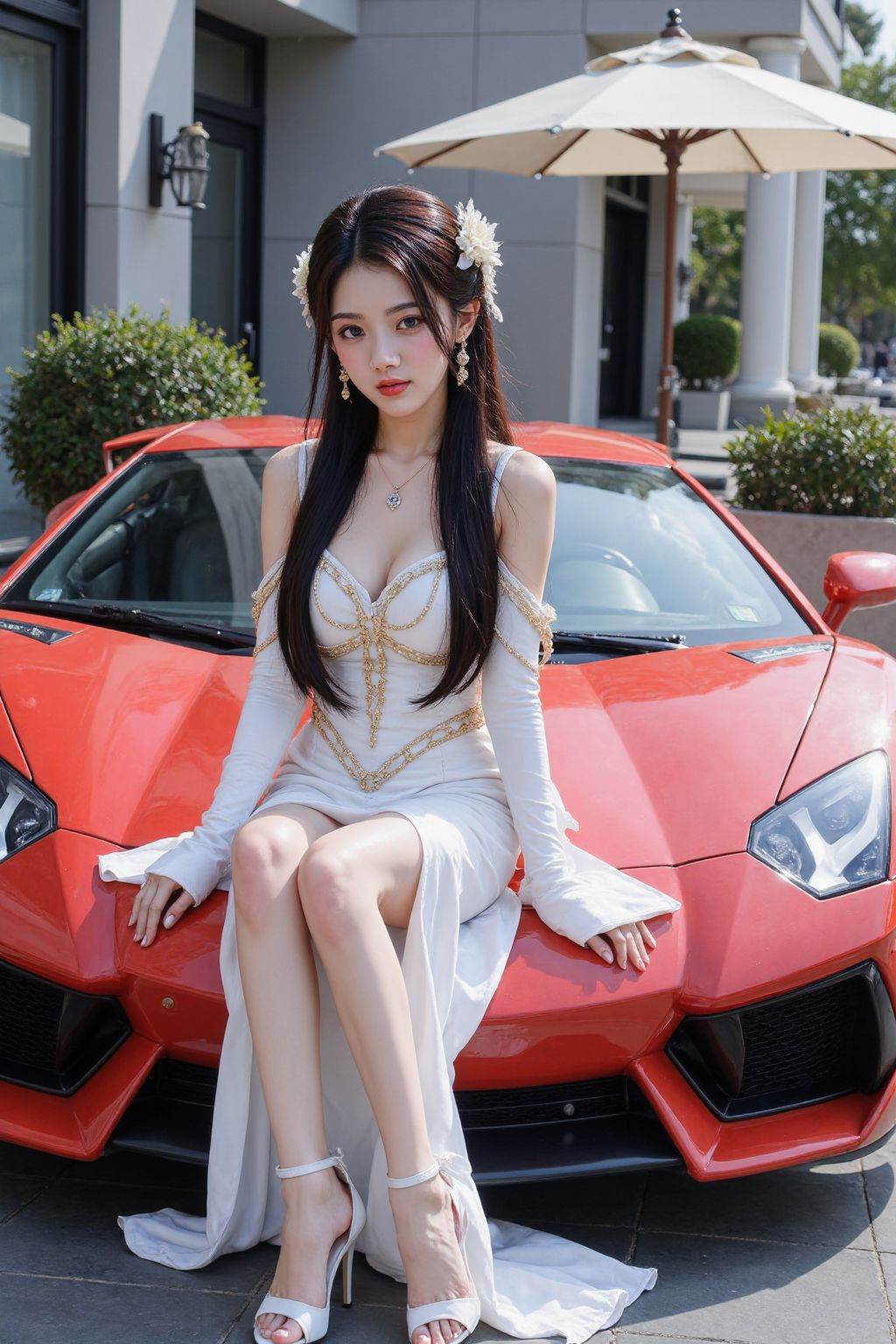 This is a photograph of a young girl sits in the front of a bright red Lamborghini sports car. The woman has long, straight black hair adorned with delicate white flowers and a matching hair accessory. She has fair skin, large, expressive eyes, and a slender physique. Her attire is a form-fitting, white, medieval-inspired outfit consisting of a strapless, long-sleeved top with intricate gold embroidery and a matching skirt that flares out at the bottom. She is wearing high-heeled, white sandals with ankle straps and a small gold buckle.The car behind her is a sleek, modern Lamborghini with a black interior and a prominent, aggressive front grille. The background features a modern, upscale outdoor setting with a gray building facade, greenery, and a white umbrella on a patio. The ground is paved with large, dark gray tiles. The overall scene suggests a luxurious, high-end environment, with the woman's attire and the car's presence emphasizing wealth and sophistication. The image is rich in detail, capturing both the opulence of the setting and the elegance of the subject.