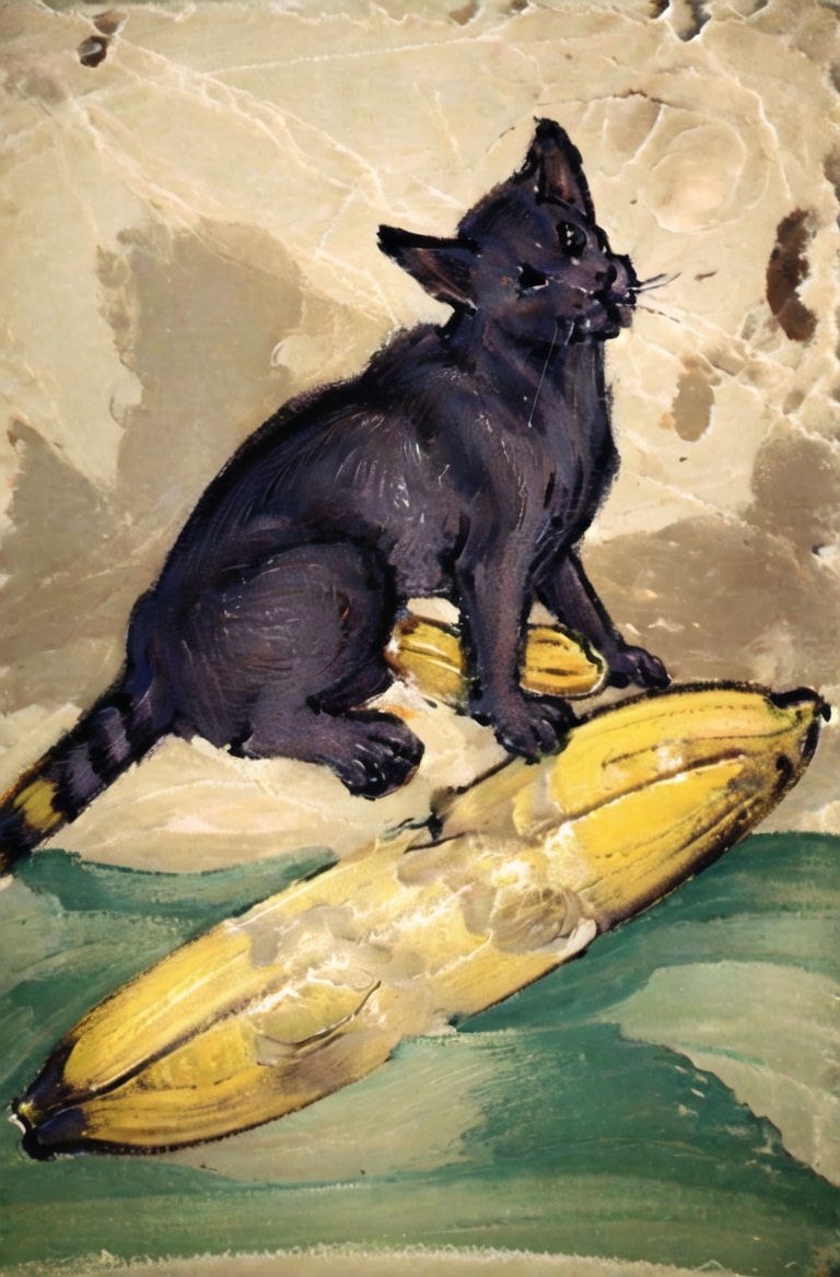 masterpiece, best quality, Medievalcat,solo,desert,  <lora:Medievalcat:0.9>,medieval, painting,sketch,scrawl,banana,rocket launcher, 