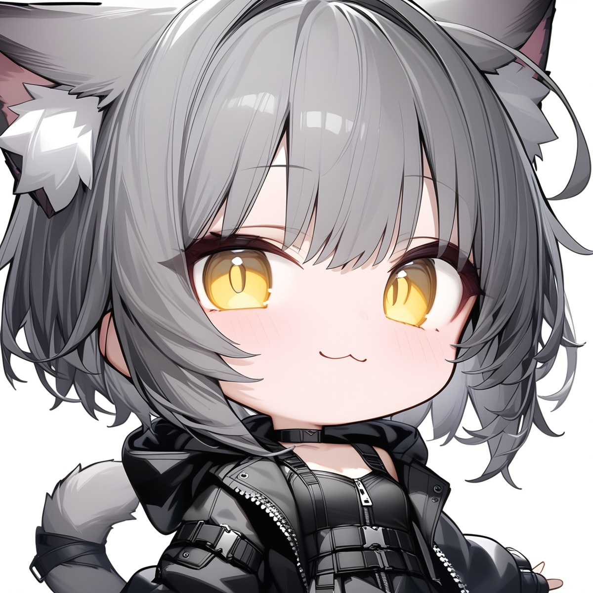 Q,(masterpiece,best quality),1 girl,solo focus,solo,looking at viewer,smile,:3,dynamic posture,standing,gray cat ears,gray cat tail,thin tail,medium breasts,animal_ear_fluff,gray short hair,yellow eyes,bangs,ahoge,black techwear dress,black hooded jacket,black special outfit,black jacket,strappy black top,cleavage,black taut coat,multiple buckles,straps,zippers on clothing,black trim,choker,fingerless gloves,black underwear,barefoot,(white background,simple_background,transparent_background),catgirl,tail wraps slightly around the body,fabric folds around the tail,