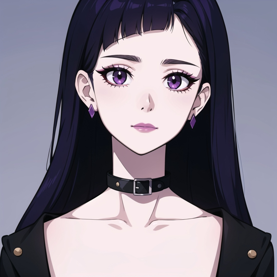 looking at viewer,expressionless,(upper body),1girl,solo,loli,pale_skin,blunt bangs,(purple hair:1.3),(purple eyes:1.2),lipstick,eyeshadow,makeup,((closed mouth:1.2)),choker,(black high collar jacket),(earrings),grey background,<lora:beauty:0.85>,