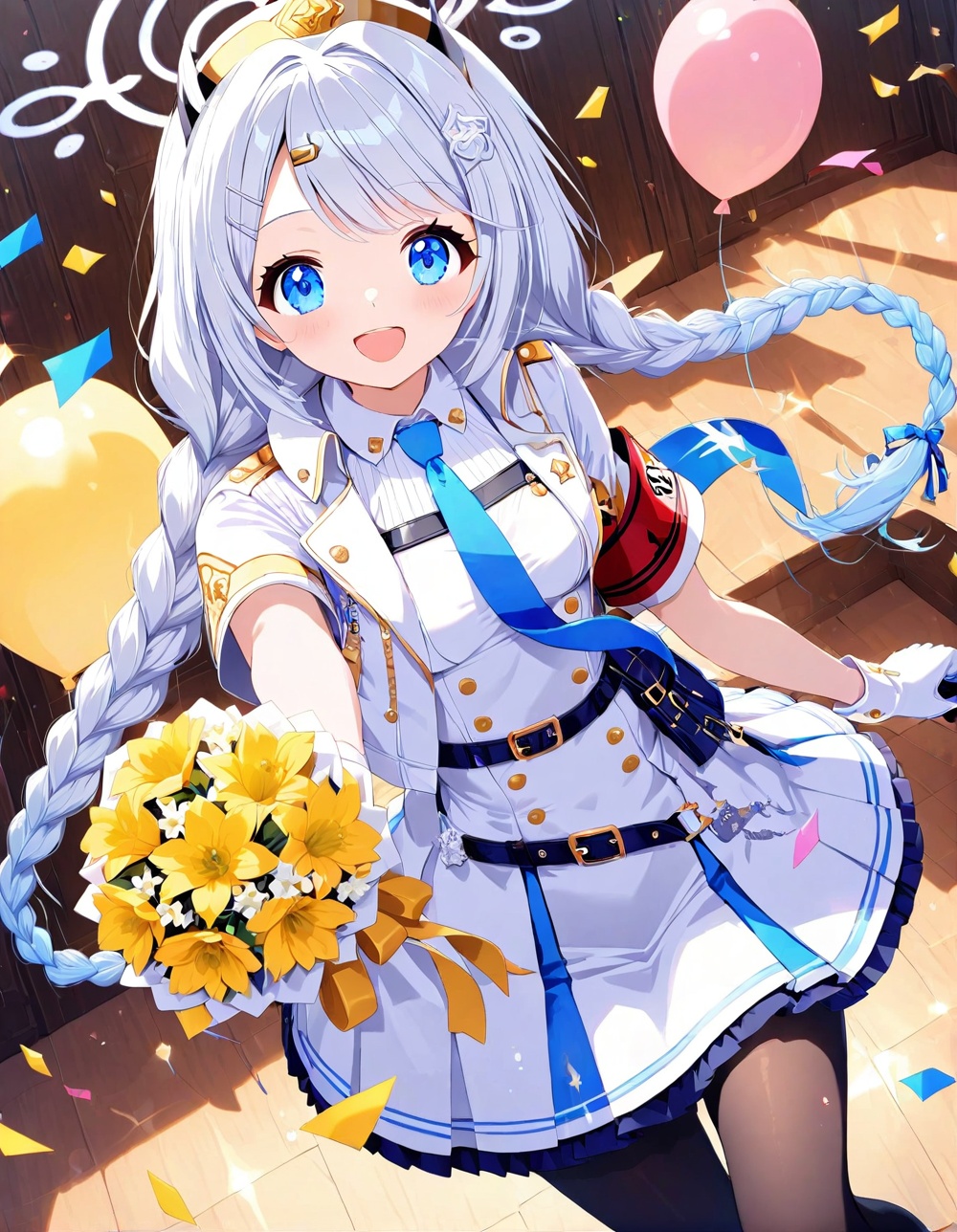 ultra detailed anime texture,O,1girl,blue eyes,solo,braid,balloon,armband,white hair,smile,halo,blue necktie,gloves,long hair,white gloves,necktie,looking at viewer,pantyhose,jacket,holding,open mouth,flower,bouquet,gift,hat,hair ornament,white jacket,hairclip,cropped jacket,bangs,breasts,skirt,holding bouquet,short sleeves,medium breasts,:d,open clothes,open jacket,gift box,belt,black pantyhose,dress,shirt,very long hair,confetti,box,yellow flower,virtual youtuber,twin braids,