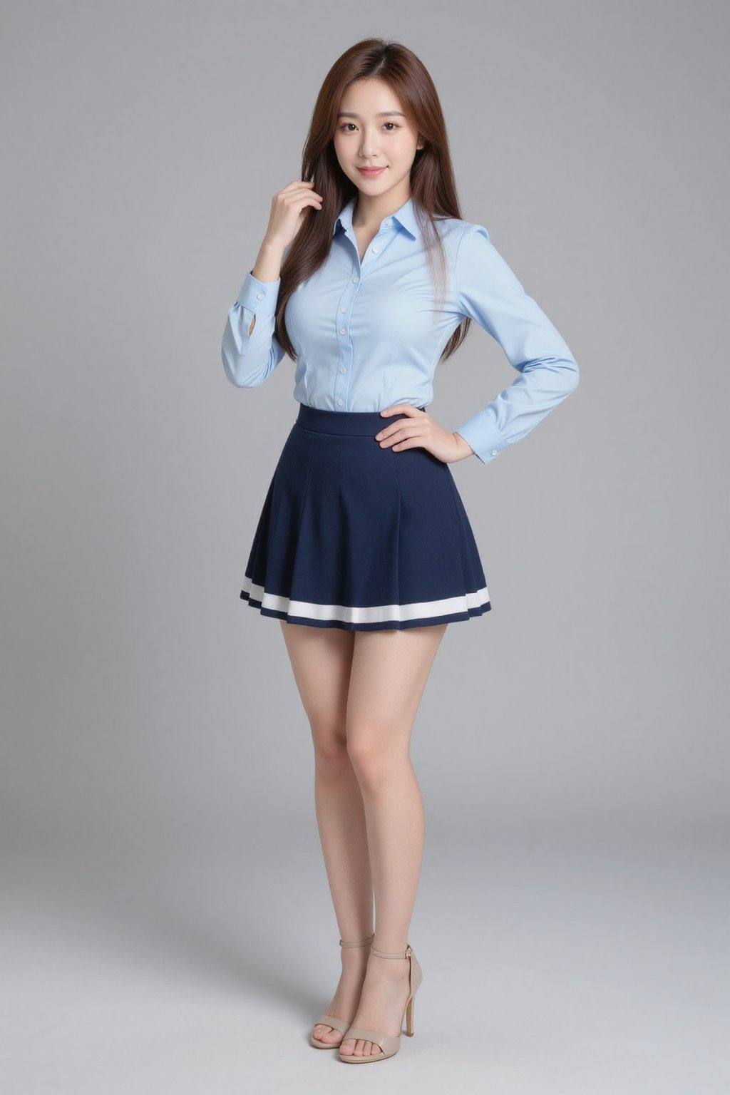 A photograph of an Asian woman with long, straight, brown hair, standing against a plain gray background. She is wearing a light blue, long-sleeve button-up blouse with a fitted waist and a dark blue pleated skirt with white trim, accentuating her slim figure. Her skin tone is fair, and she is wearing beige high-heeled sandals. She has a confident smile, with one hand on her hip and the other touching her hair. The image is well-lit, emphasizing her youthful and professional appearance, long legs,